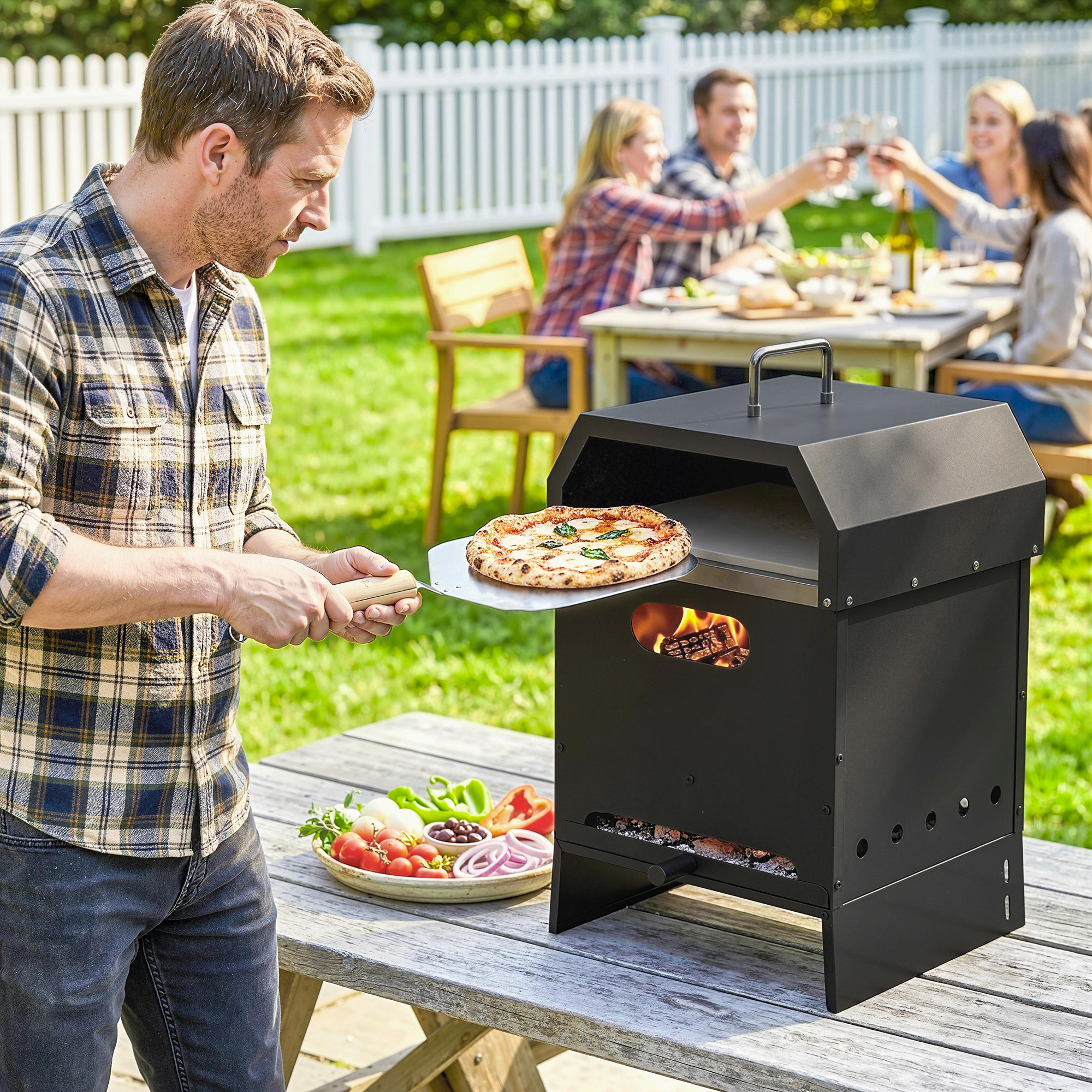 3-in-1 Outdoor Pizzaofen Holzbefeuert Pizza Ofen 2 Ebene Backofen mit Pizzastein Griffen Pizzaschaufel