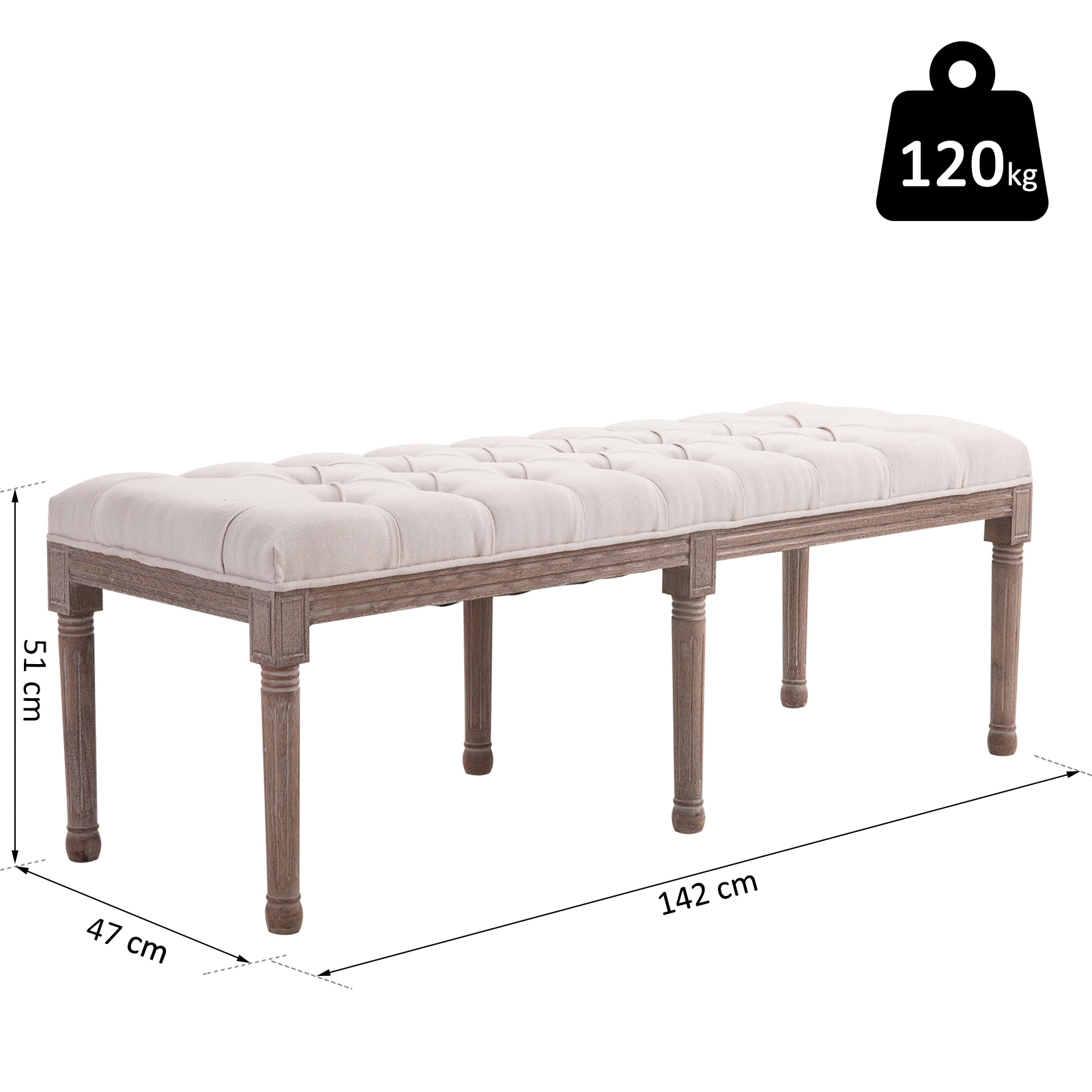 Polsterbank Sitzbank Lounge Sitzhocker Vintage Retro mit Knöpfen Leinen + Holz beige 142 x 47 x 51 cm