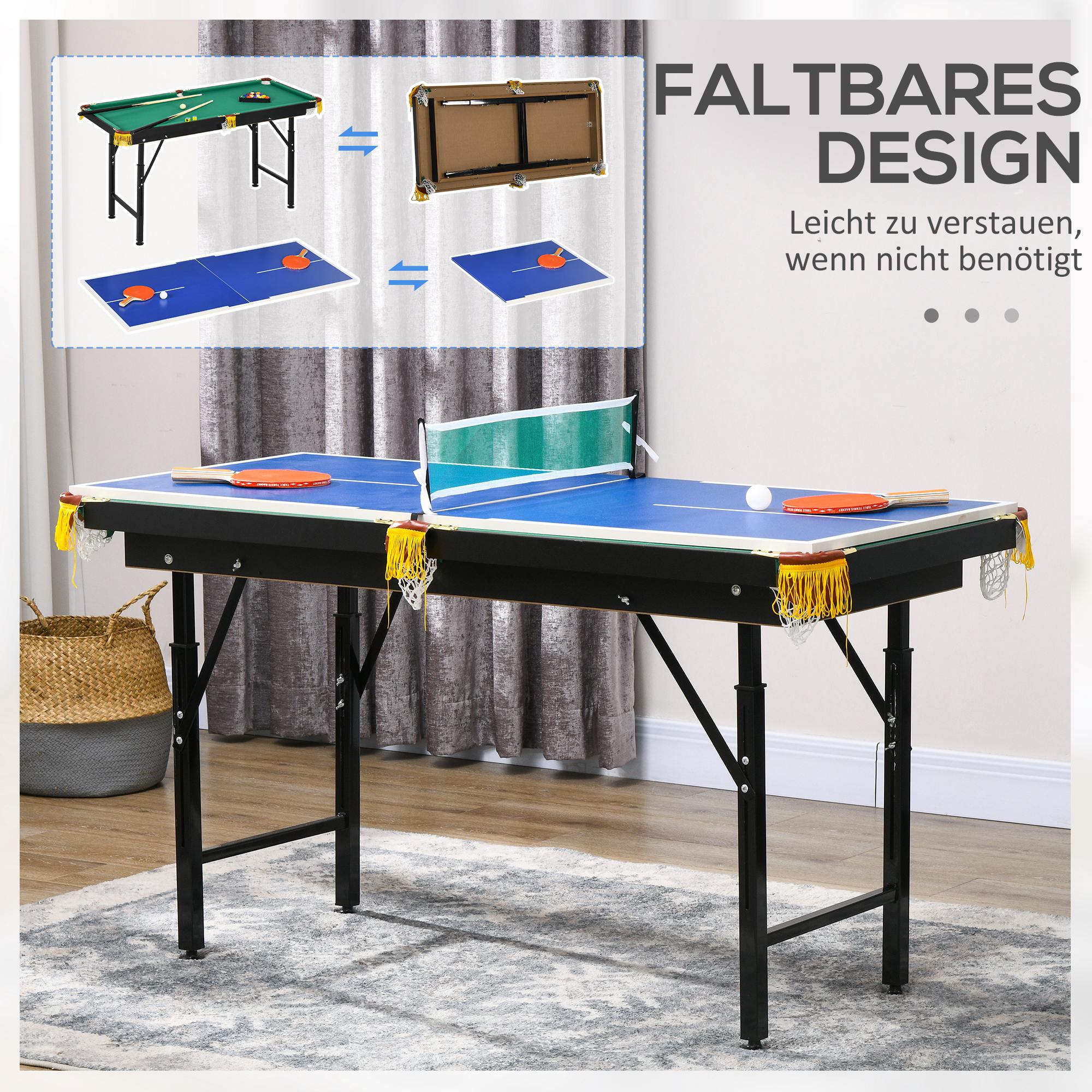2-in-1 Billardtisch, Tischtennisplatte, mit Zubehör, 140x63x80cm, Blau/Grün