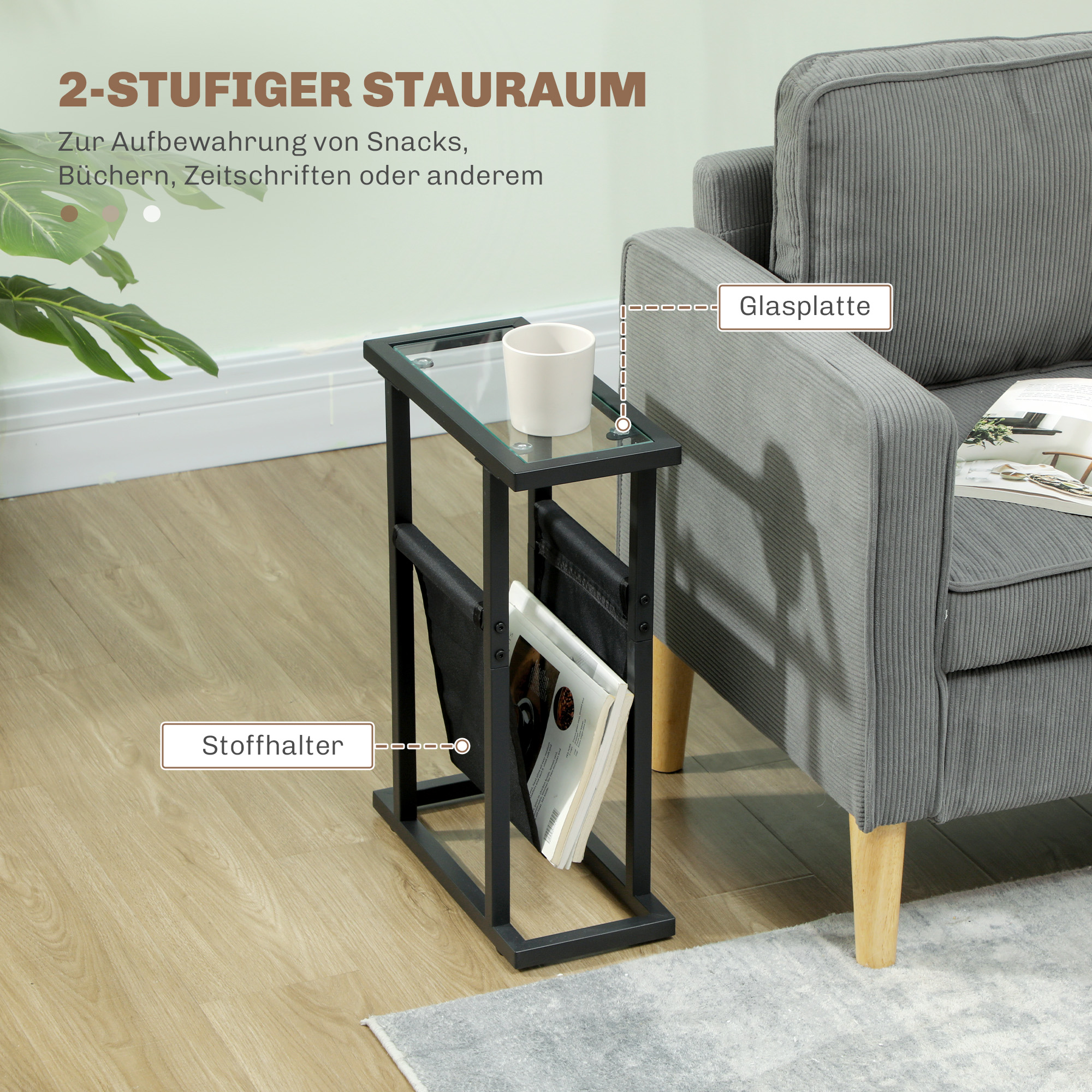 Beistelltisch aus Metall mit Stofftasche und Glasplatte, schmaler Tisch für Wohnzimmer, Schlafzimmer, Schwarz