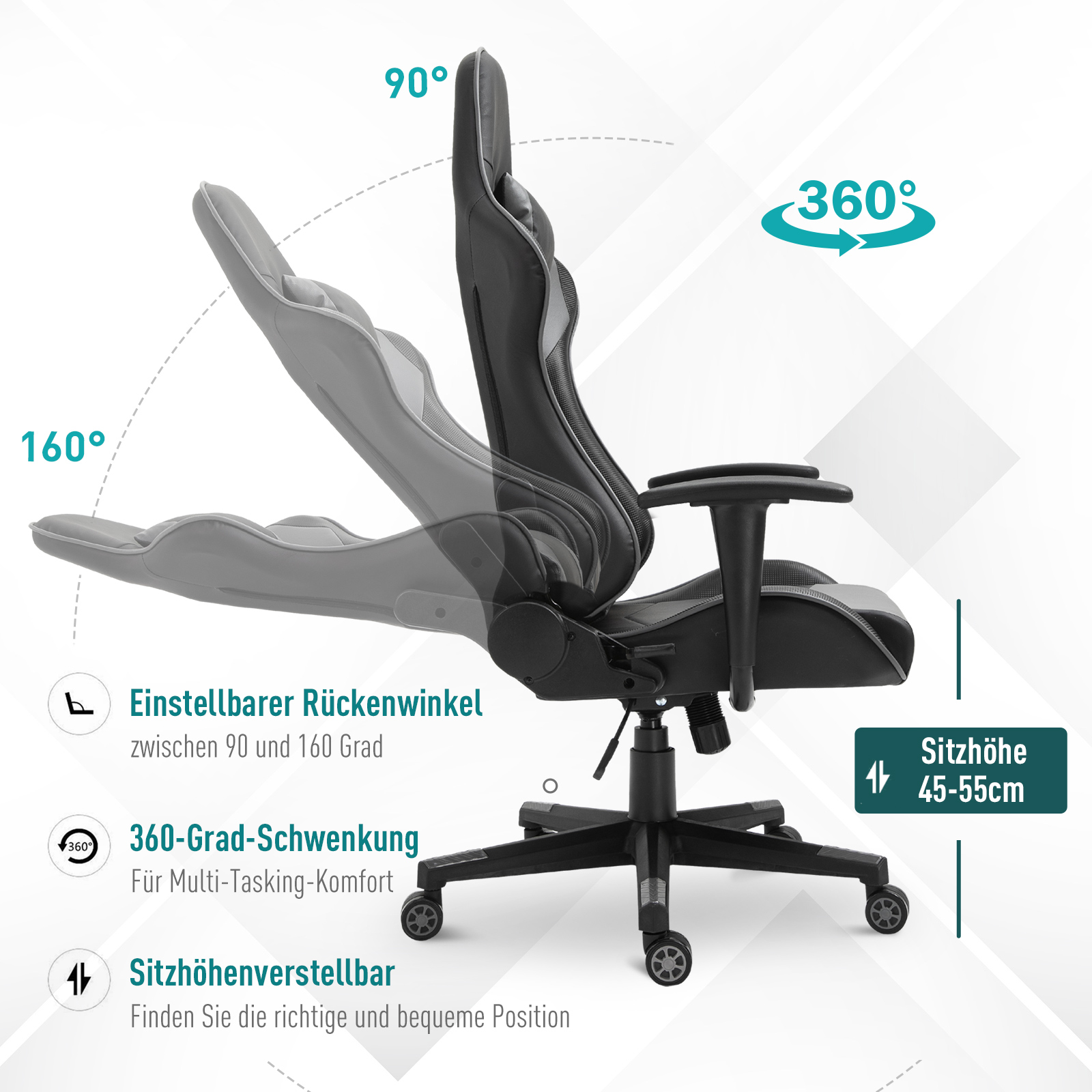 ergonomischer Bürostuhl, Gaming Stuhl, Drehstuhl, Kunstleder, Schaumstoff, Schwarz, 67,5 x 74x 126-136 cm