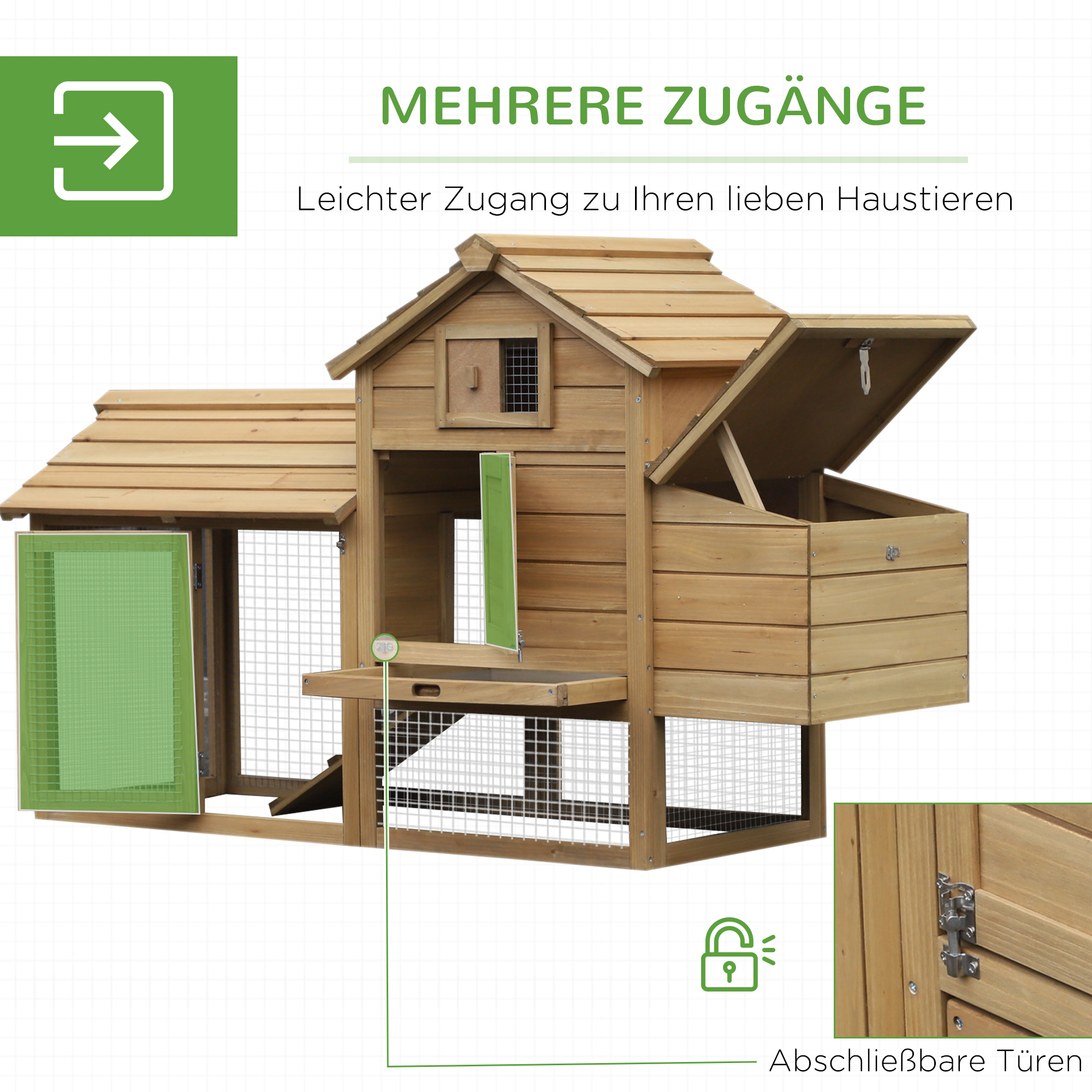 Hühnerstall Hühnerhaus aus Holz 151,5 x 54 x 87 cm, Freilaufgehege mit 2 Ebenen, 2 Türen, Nistkasten, wasserfestem Dach, Auslauf, Rampe, Hühnergehege für Garten, Natur