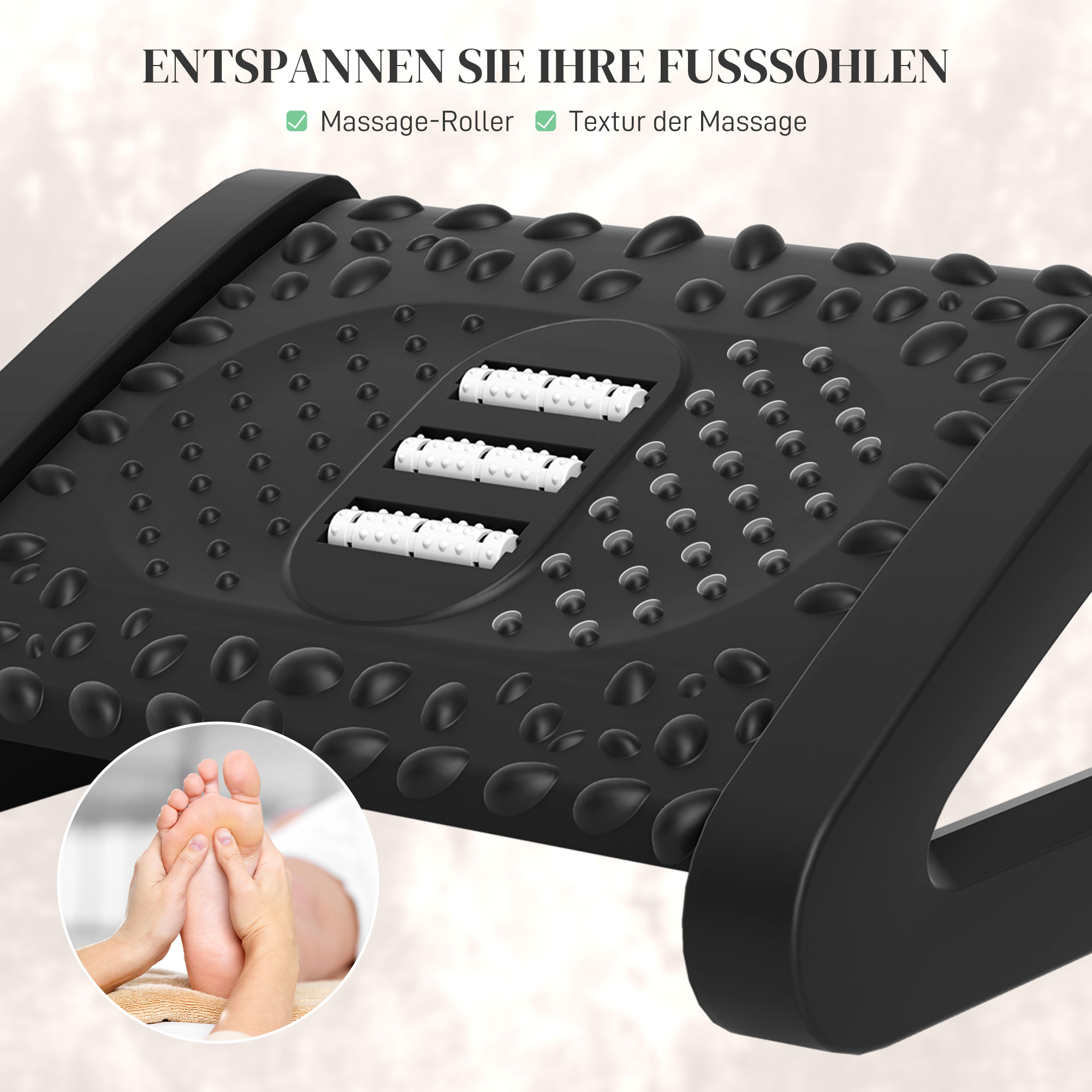 Fußstütze für den Schreibtisch, höhenverstellbarer Fußhocker mit Massage-Oberfläche und Rollen, Kunststoff, Schwarz