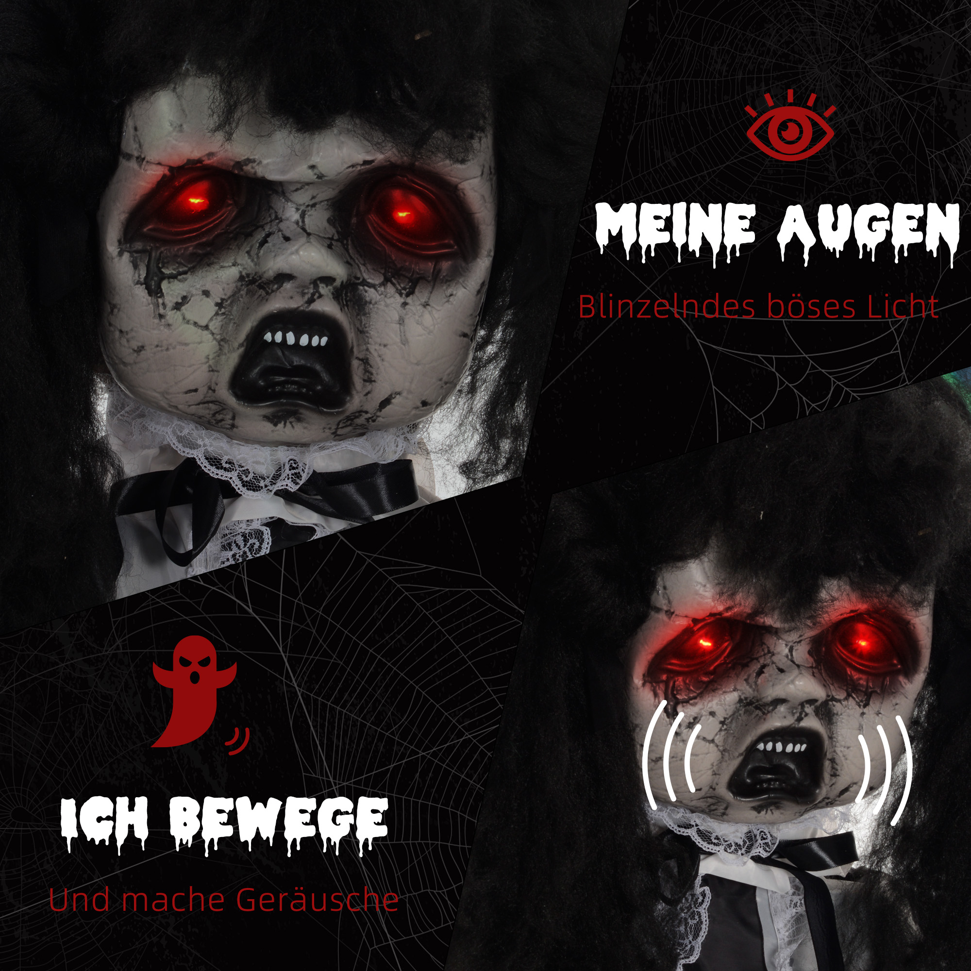 Horrorpuppe, Helloweendeko, gruselige Stimme & Musik, rote Augen, beweglich, 160 cm