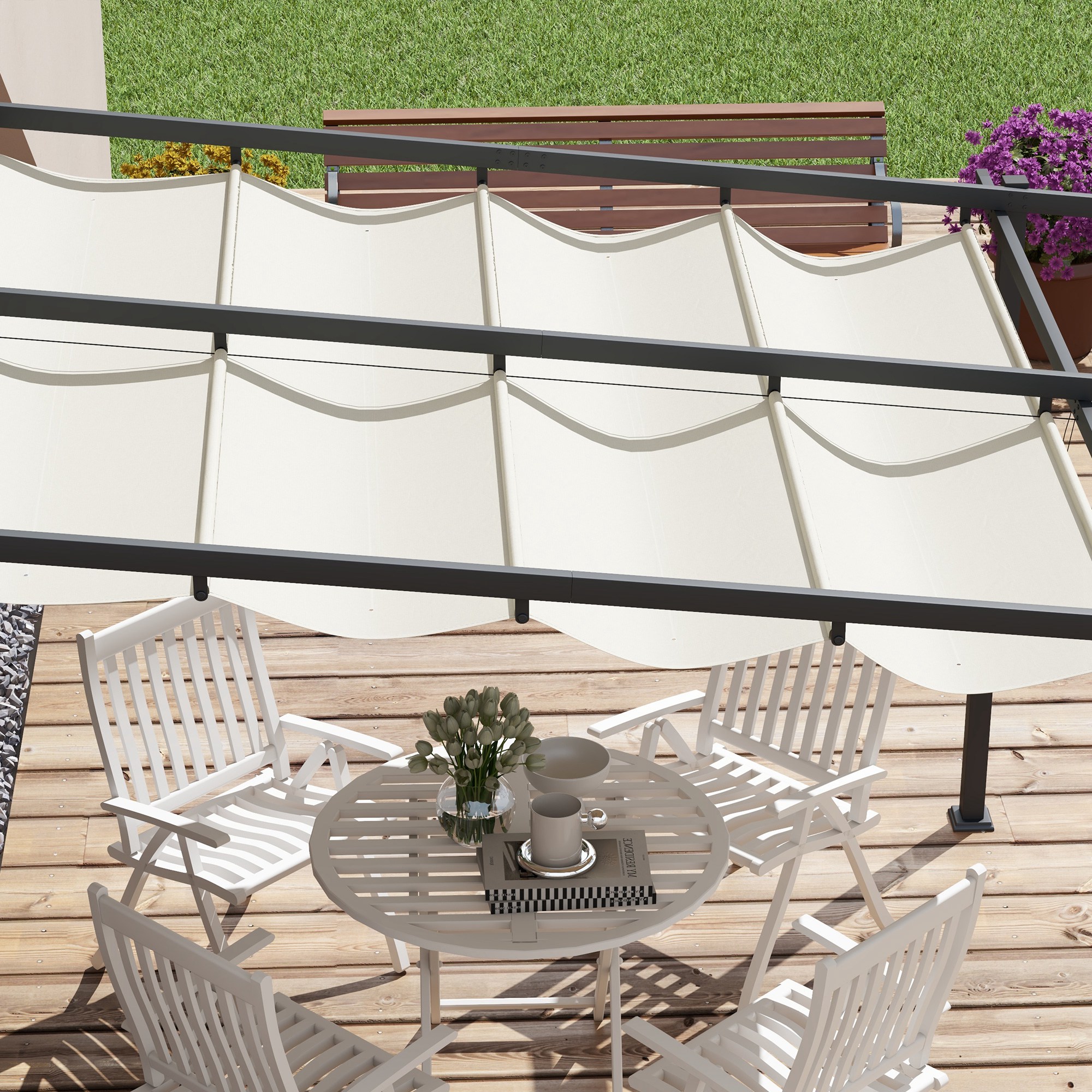 Gartenpavillon 3 x 3m, einziehbares Dach, Wandmontage, Metallrahmen, Cremeweiß