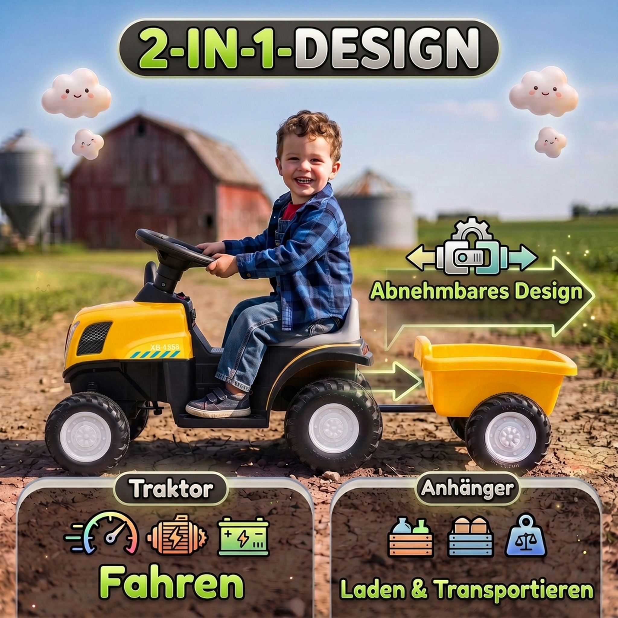 Kinder Traktor mit abnehmbar Anhänger Aufsitztraktor mit Lithium-Akku Fußpedal, Musik, Hupe Licht, Gelb
