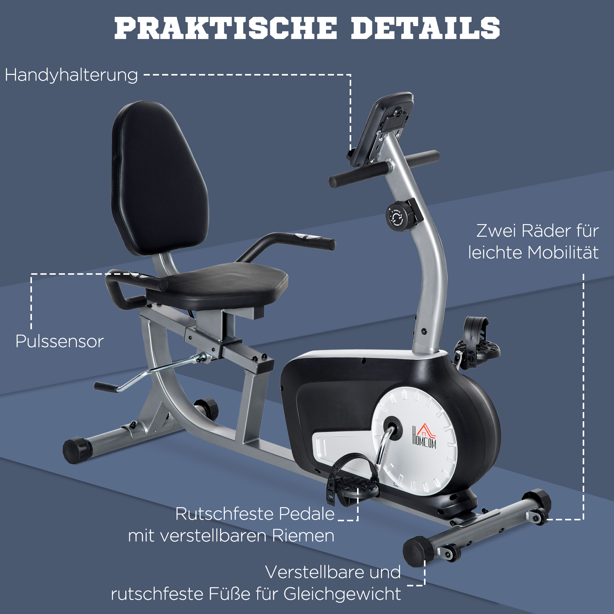 Radtrainer mit 8-stufigem Widerstand 122-137 x 62 x 103cm Stahl Grau+Schwarz+Silber