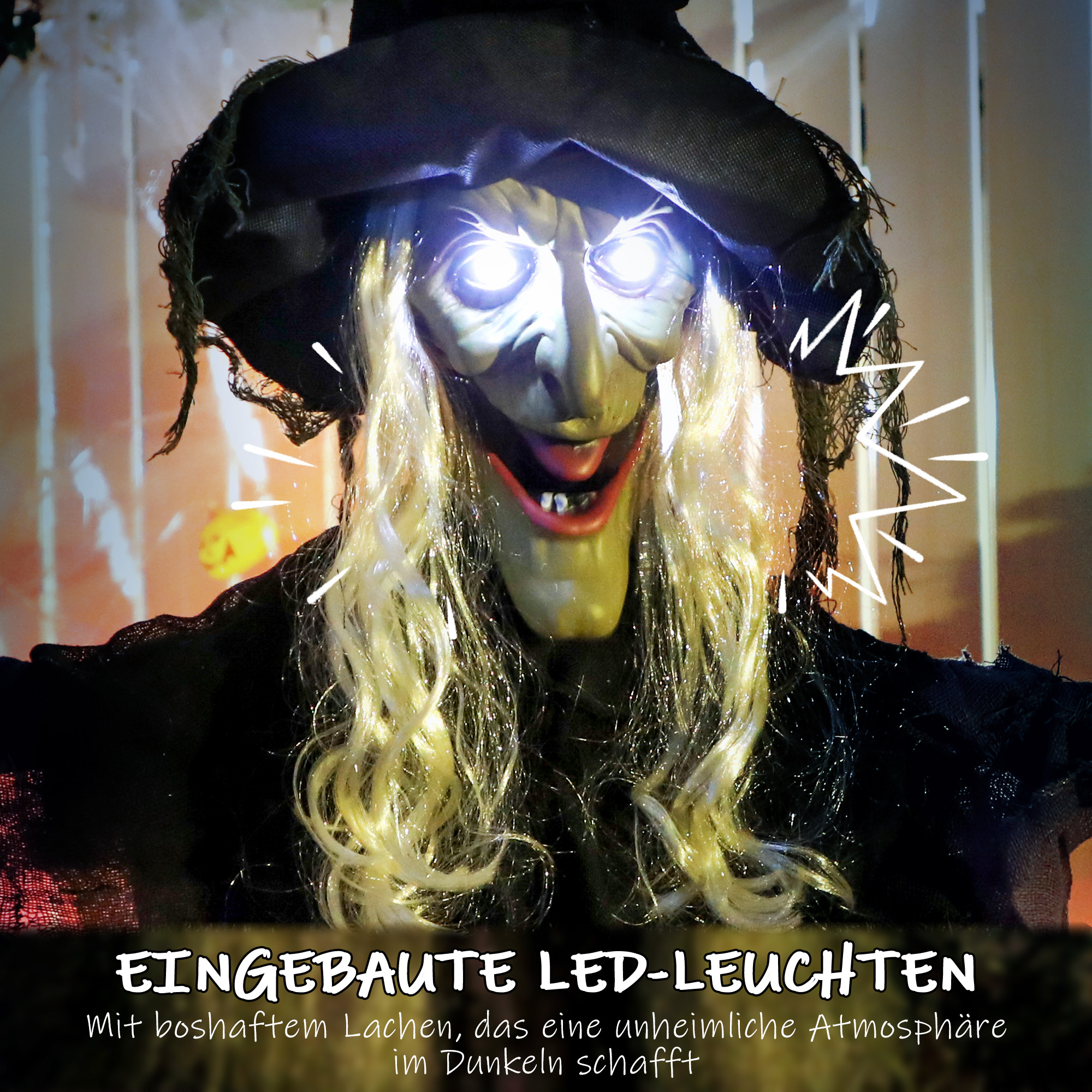 183cm Halloween Dekoration Hängende Halloween Hexe mit LED-Lichter, Soundfunktion verstellbare Arme, Mund