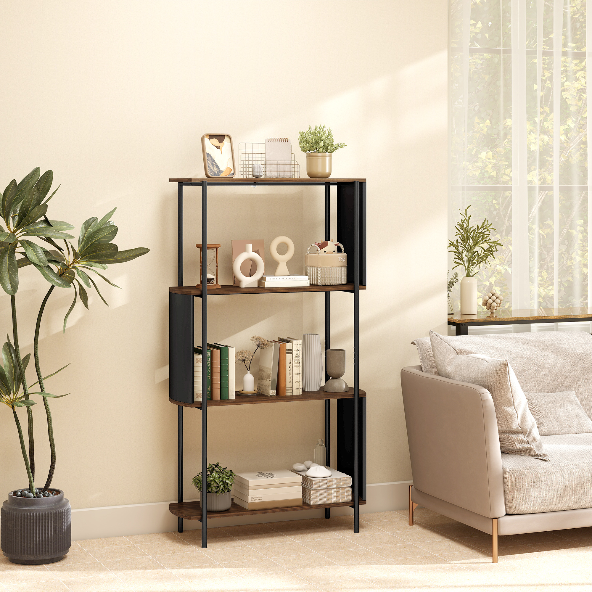 4-stufiges Regal, freistehendes Regal mit geschwungenem Design, industrielles Bücherregal, braune Holzoptik