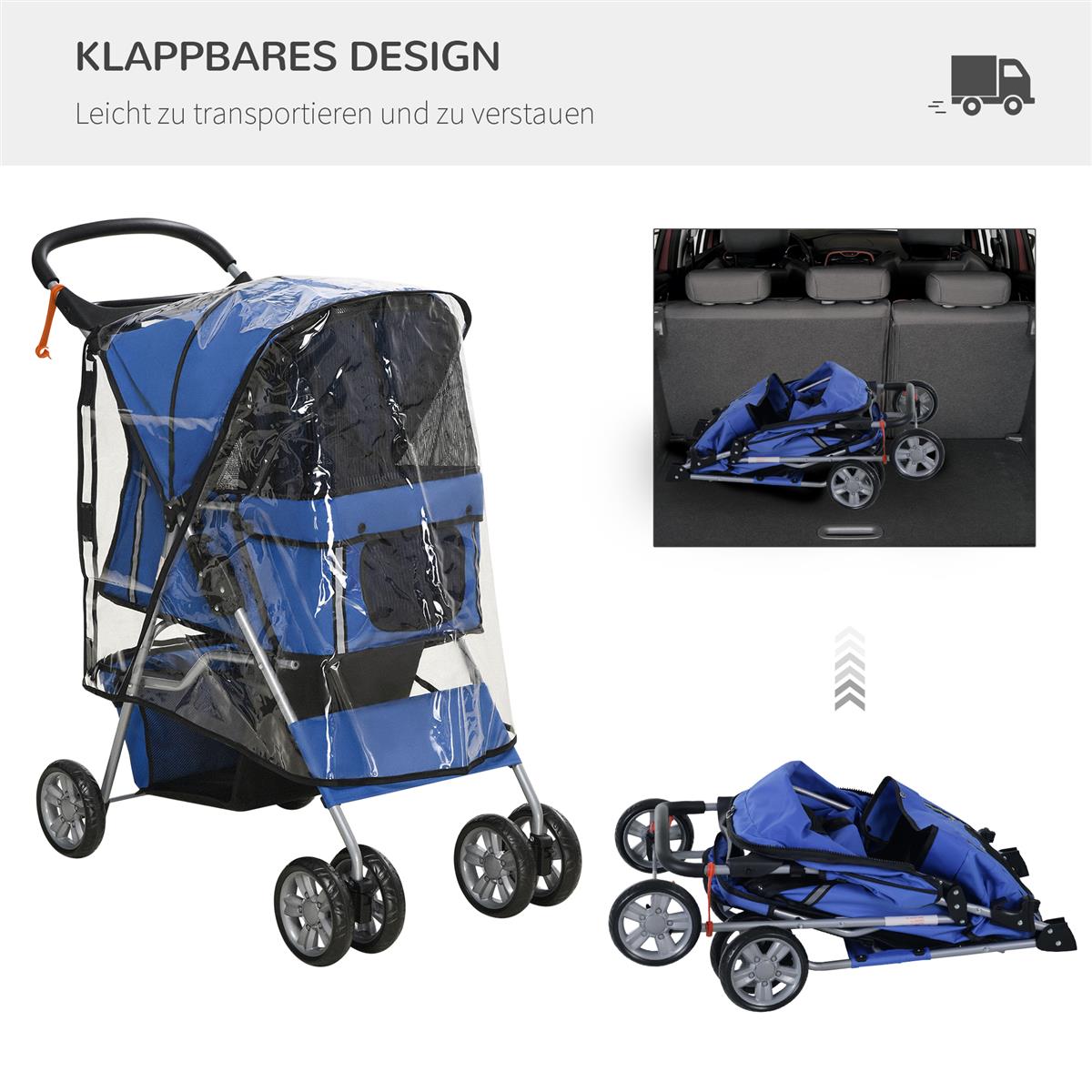 Hundebuggy Hundewagen bis 10 kg Klappbar Regenschutz Bodenkorb 2 Becherhalter 75 cm x 45 cm x 97 cm, Blau