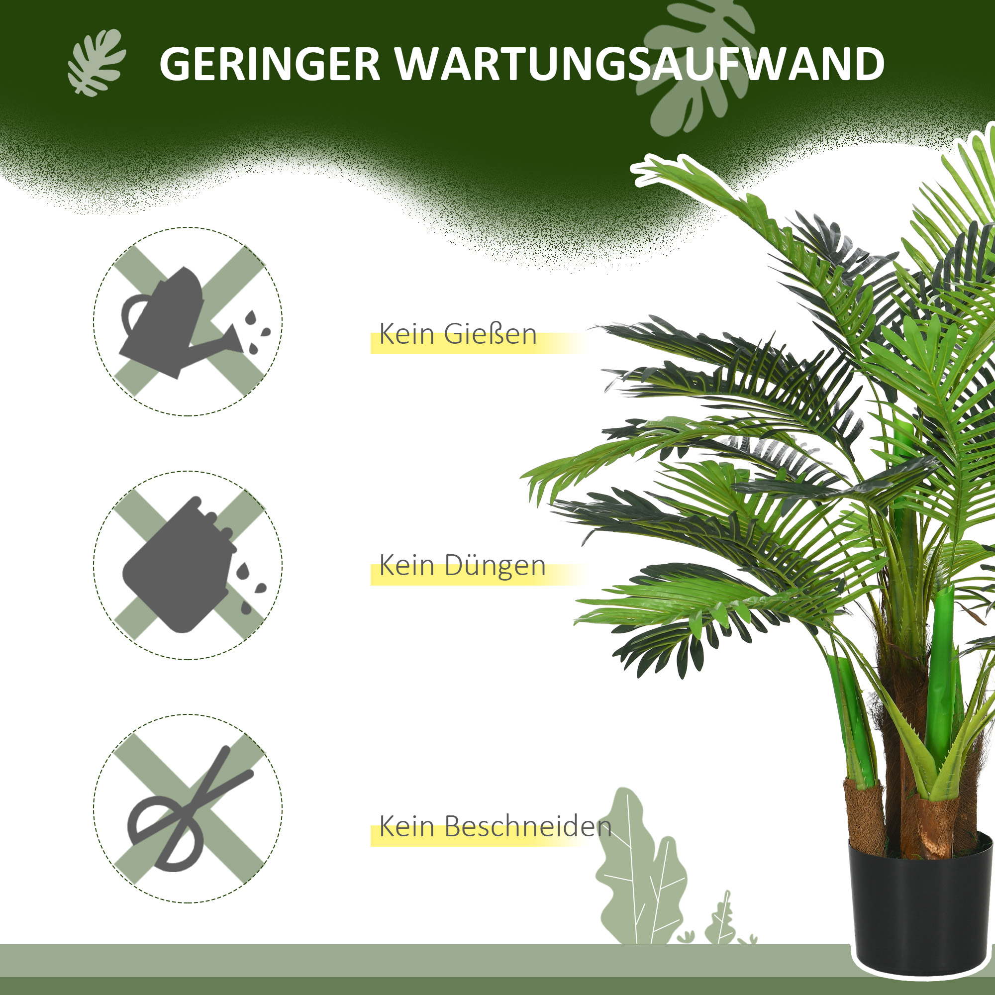 Künstliche Palme, 1 m, realistische Zweige, Dekorationspflanze, Kunststoff, mit Topf, Braun+Grün