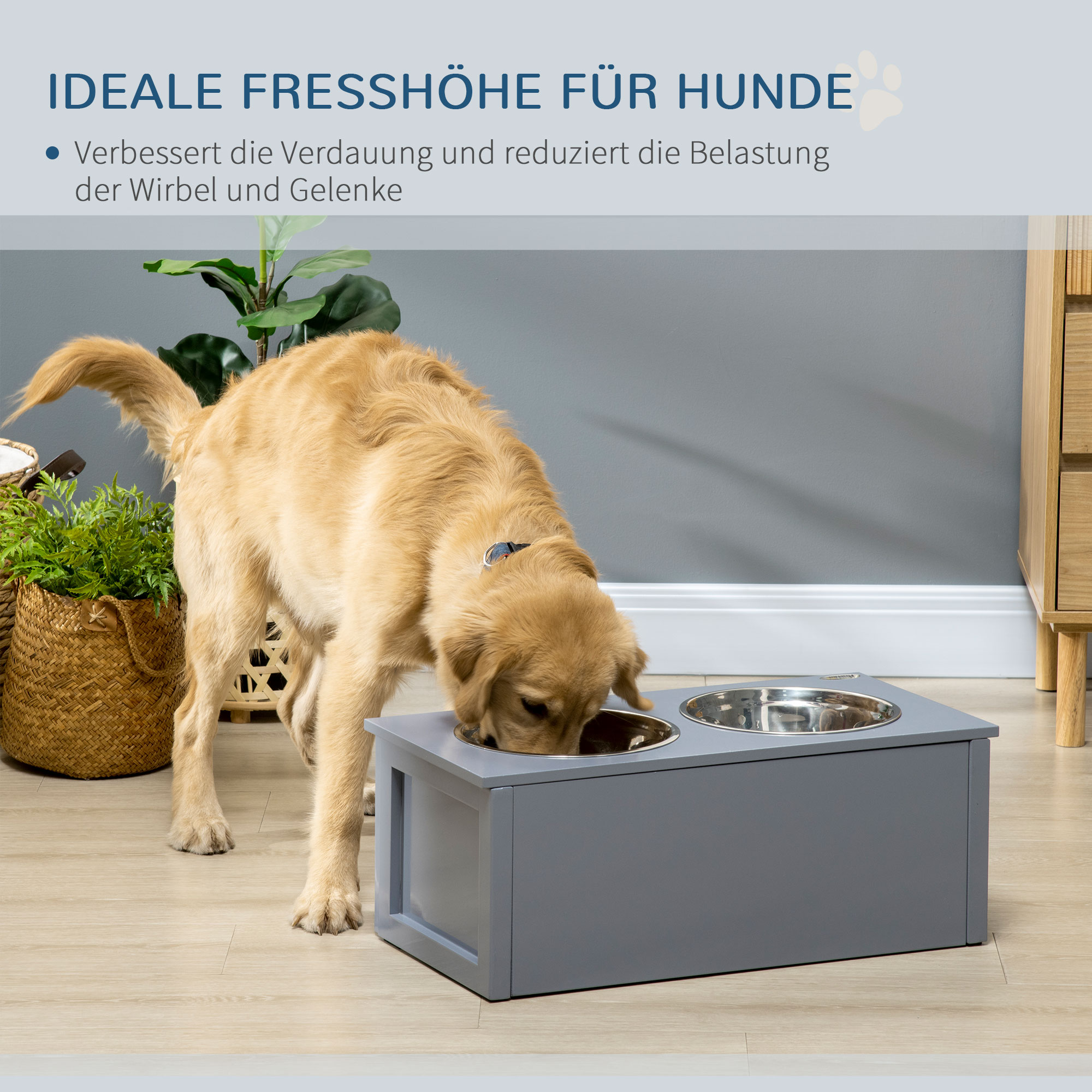 Futterstation, 2 Fressnäpfe je 2 Liter, Edelstahl, mit Schublade, für mittlere Hunde, grau, 60 x 30 x 24cm