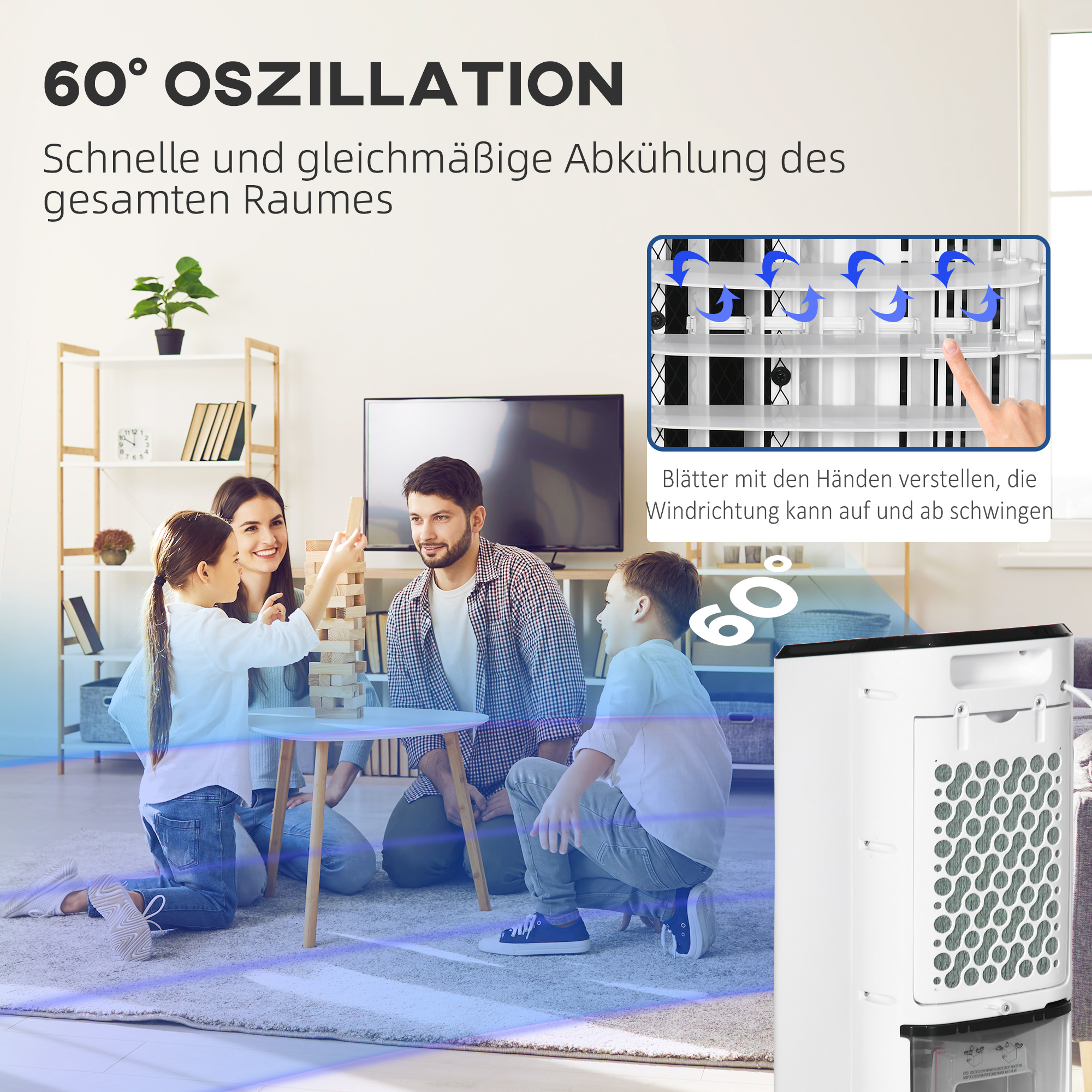 Luftkühler, 3 Modi, Timerfunktion, 24,5 cm x 27 cm x 60 cm, Cremeweiß + Schwarz