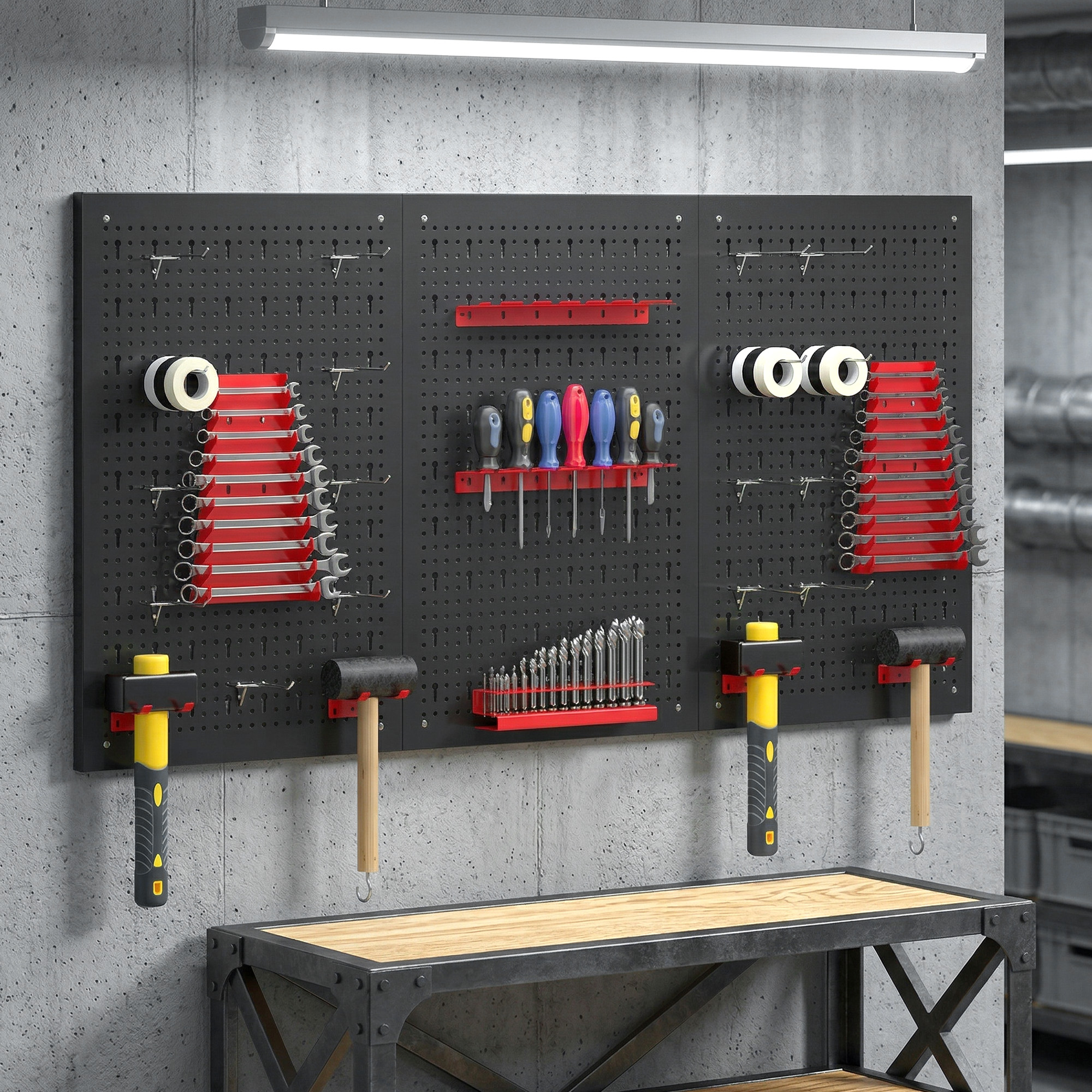 Lagersystem Wandregal 60 x 40 cm, 28 stck. Schüttenregal mit Haken Ablagefächern, Werkstattregal, Schwarz+Rot