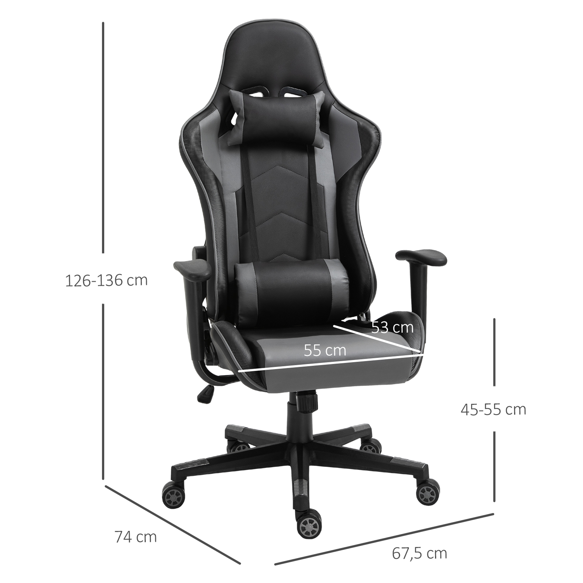 ergonomischer Bürostuhl, Gaming Stuhl, Drehstuhl, Kunstleder, Schaumstoff, Schwarz, 67,5 x 74x 126-136 cm