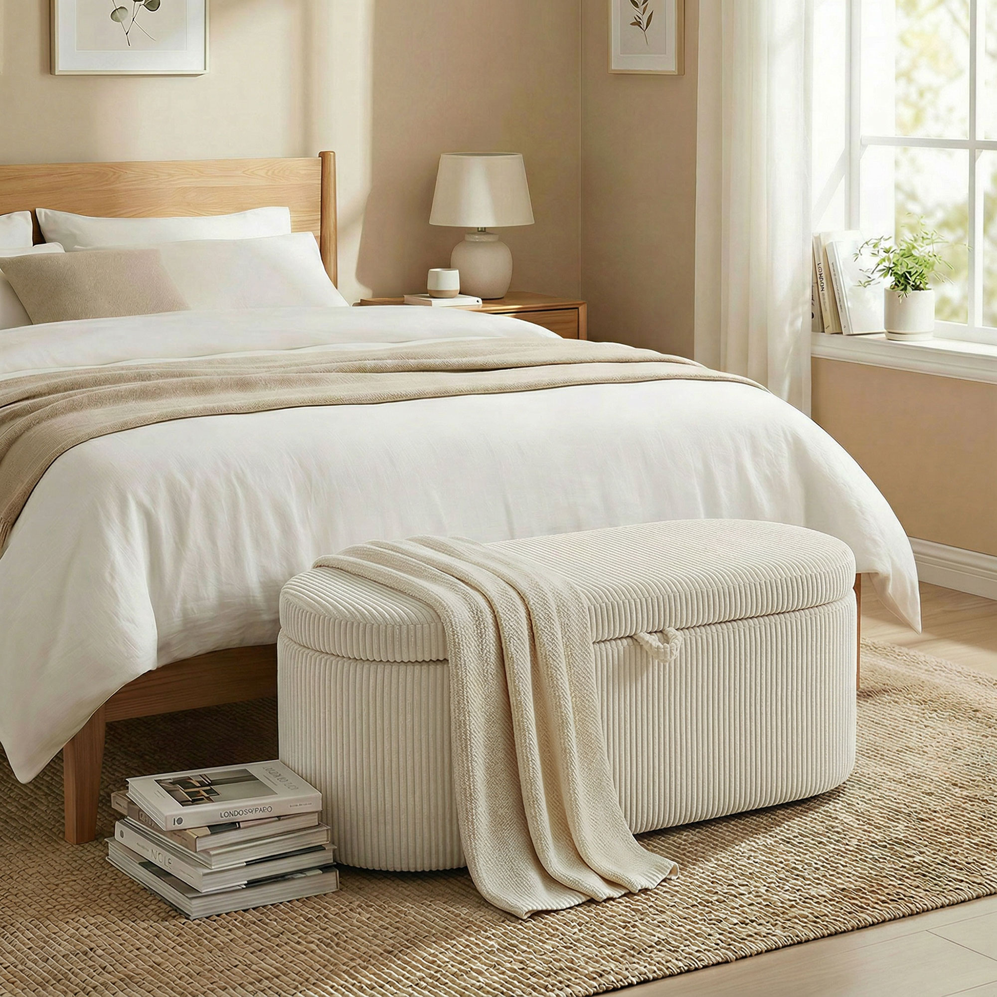 Aufbewahrungs-Ottomane, Cord-Polsterung mit gepolsterter Sitzfläche, Sitzbank am Bettende, 105 x 51 x 49 cm, Beige