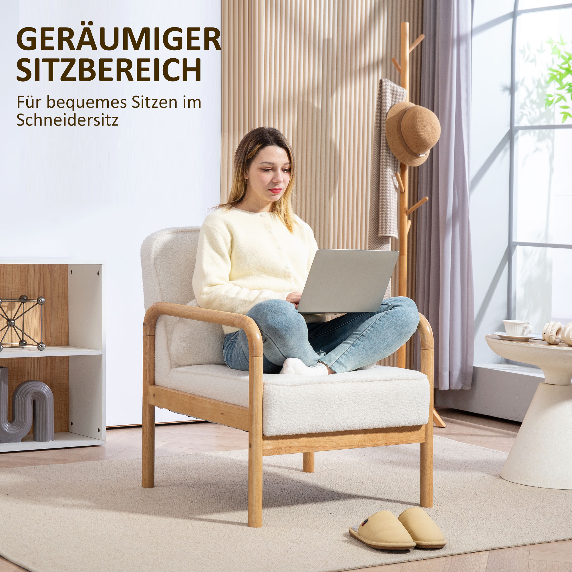 Akzentstuhl, Polsterstuhl mit Stoffbezug, Kautschukholzrahmen, Moderner Stuhl mit Kissen, Weiß