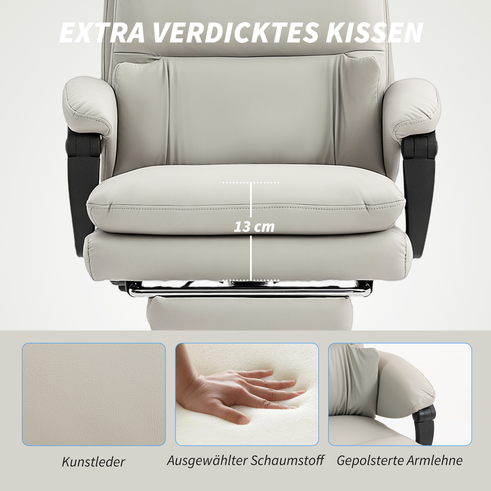 Bürostuhl höhenverstellbarer Schreibtischstuhl mit Lendenwirbelstütze, Armlehne, Fußstütze, aus Kunstleder, Hellgrau