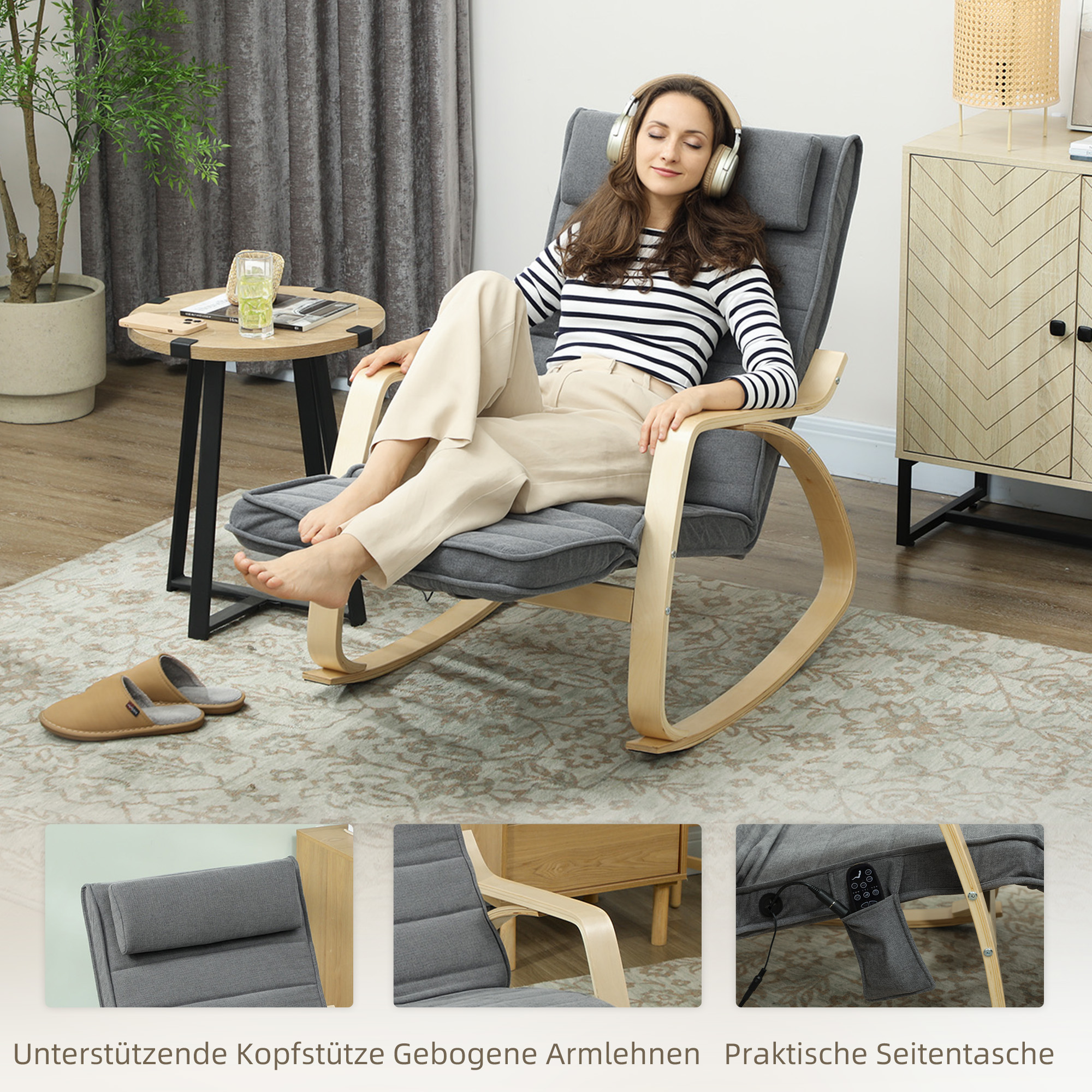 Schaukelstuhl mit Massage-Funktion, Lendenheizung, 3 Modi, Stoffbezug, Grau