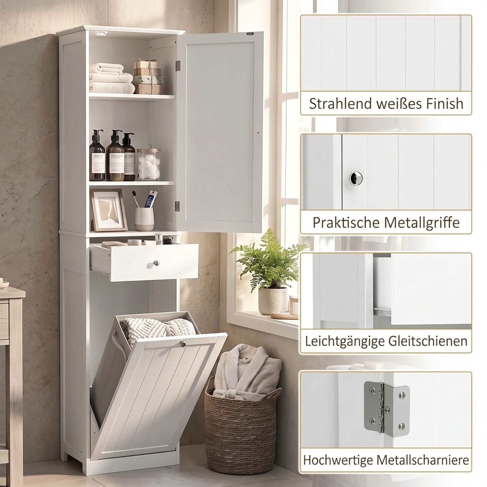 Hochschrank Badezimmer mit Kippbarem Wäschefach Badschrank Schmal 180cm Weiß