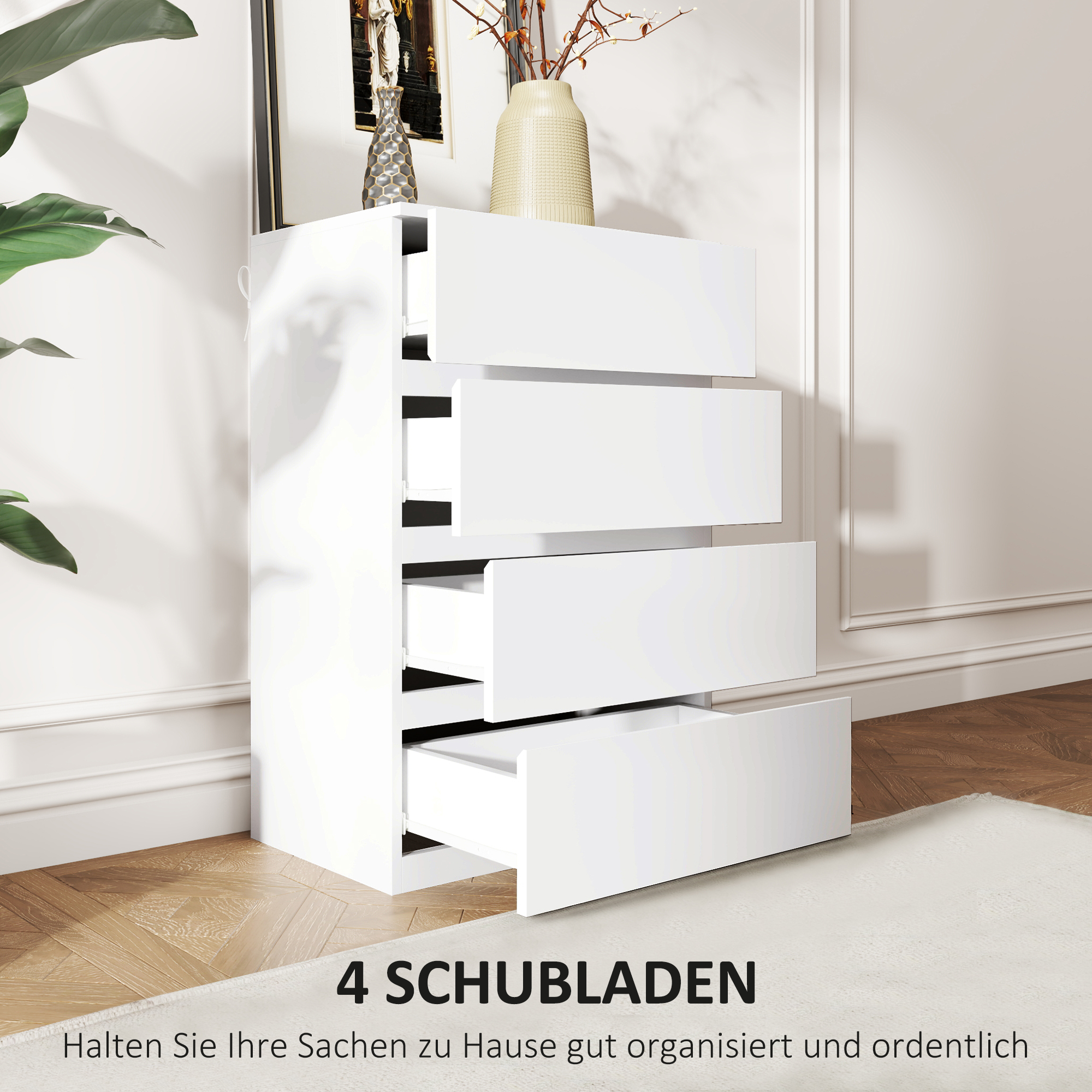 Kommode Sideboard Schubladenkommode, 4 Schubladen, 55 cm x 33 cm x 80 cm, Weiß