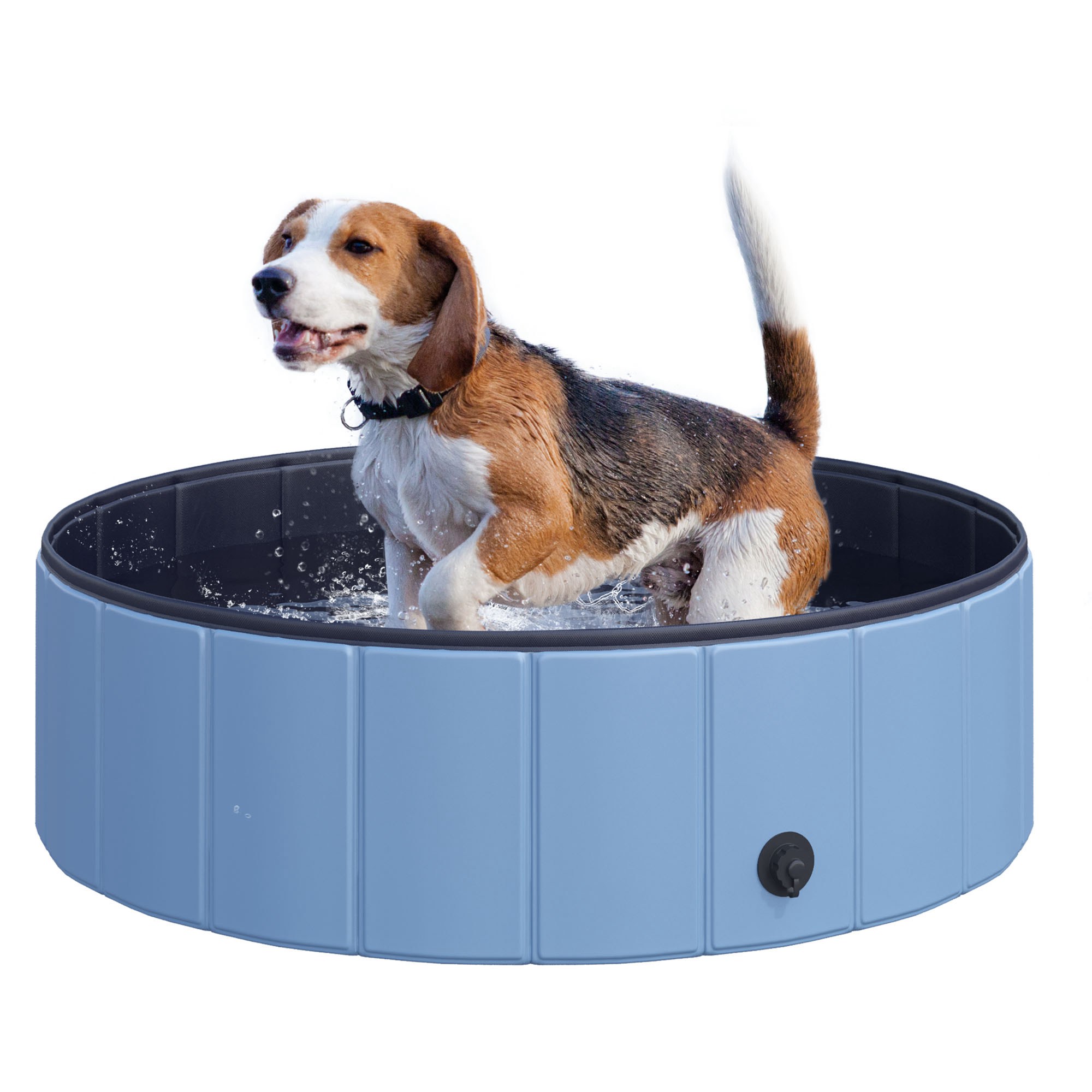 Hundebadewanne faltbar Badewanne Hundepool Plantschbecken Swimmingpool Wasserbecken für Hunde und Katzen Schwimmbecken Kunststoff+Holz Blau Ø100 x H30 cm