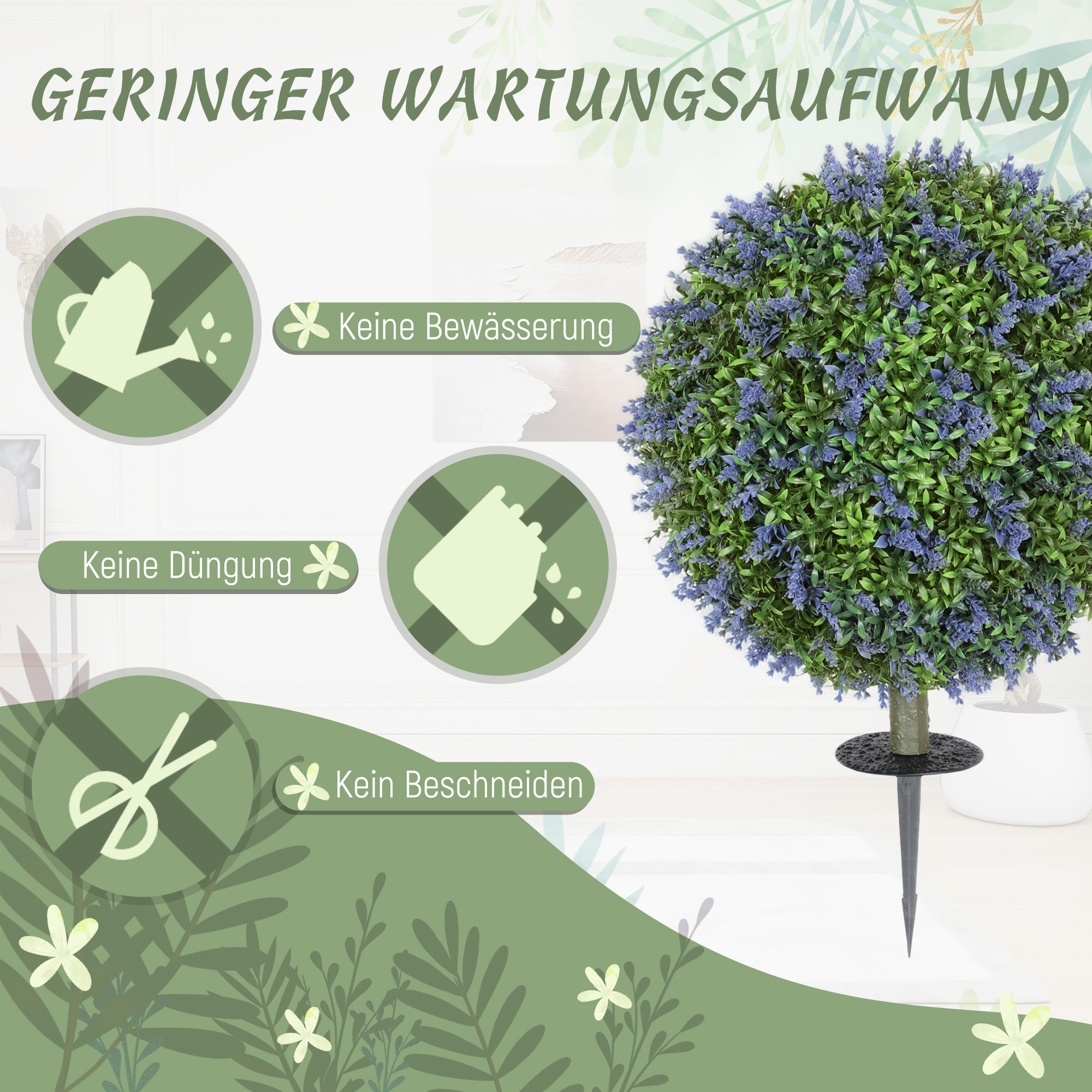 2-teiliges Kunstbaum-Set, Künstliche Lavendelbäume, Erdspieße, UV-beständig
