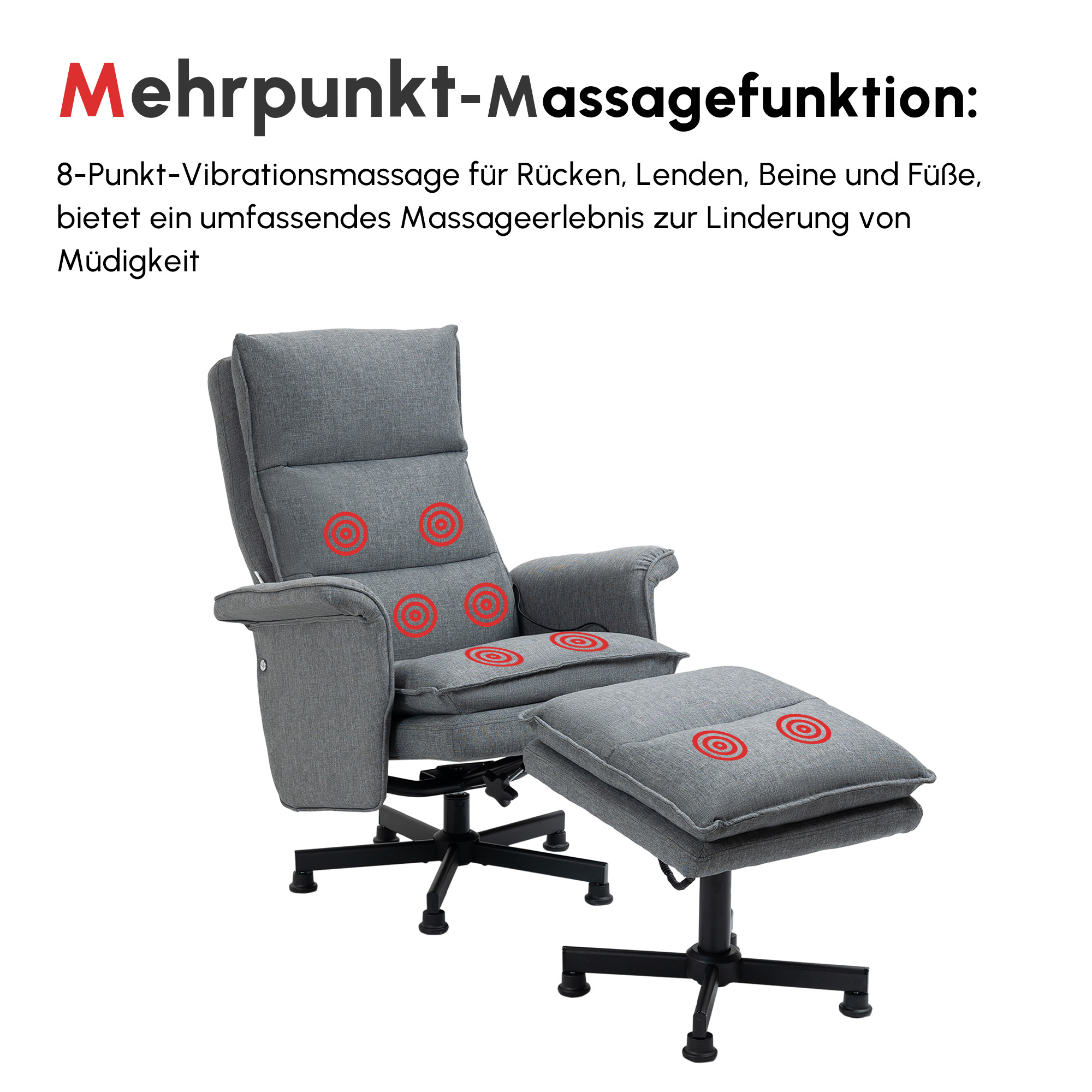 Massage-Bürostuhl mit Fußhocker, 8 Vibrationsköpfe, 1 Fernbedienung, 1 Seitentasche, Grau