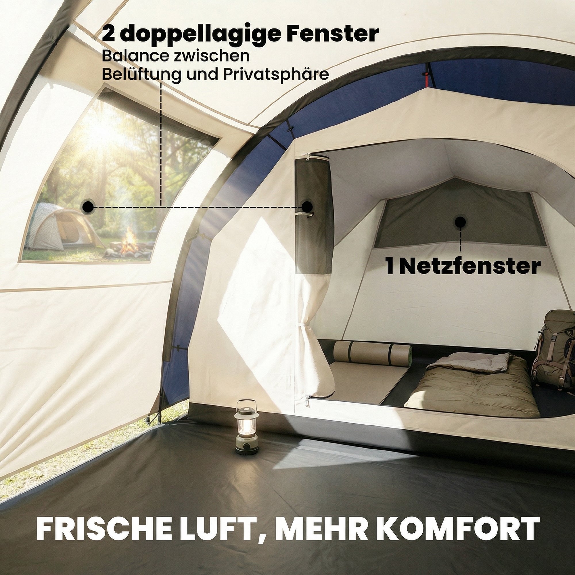 Tunnelzelt 4 Personen Familienzelt mit Schlaf- und Wohnzimmer Fenstern Bodenplane Stehhöhe 3000 mm Wassersäule