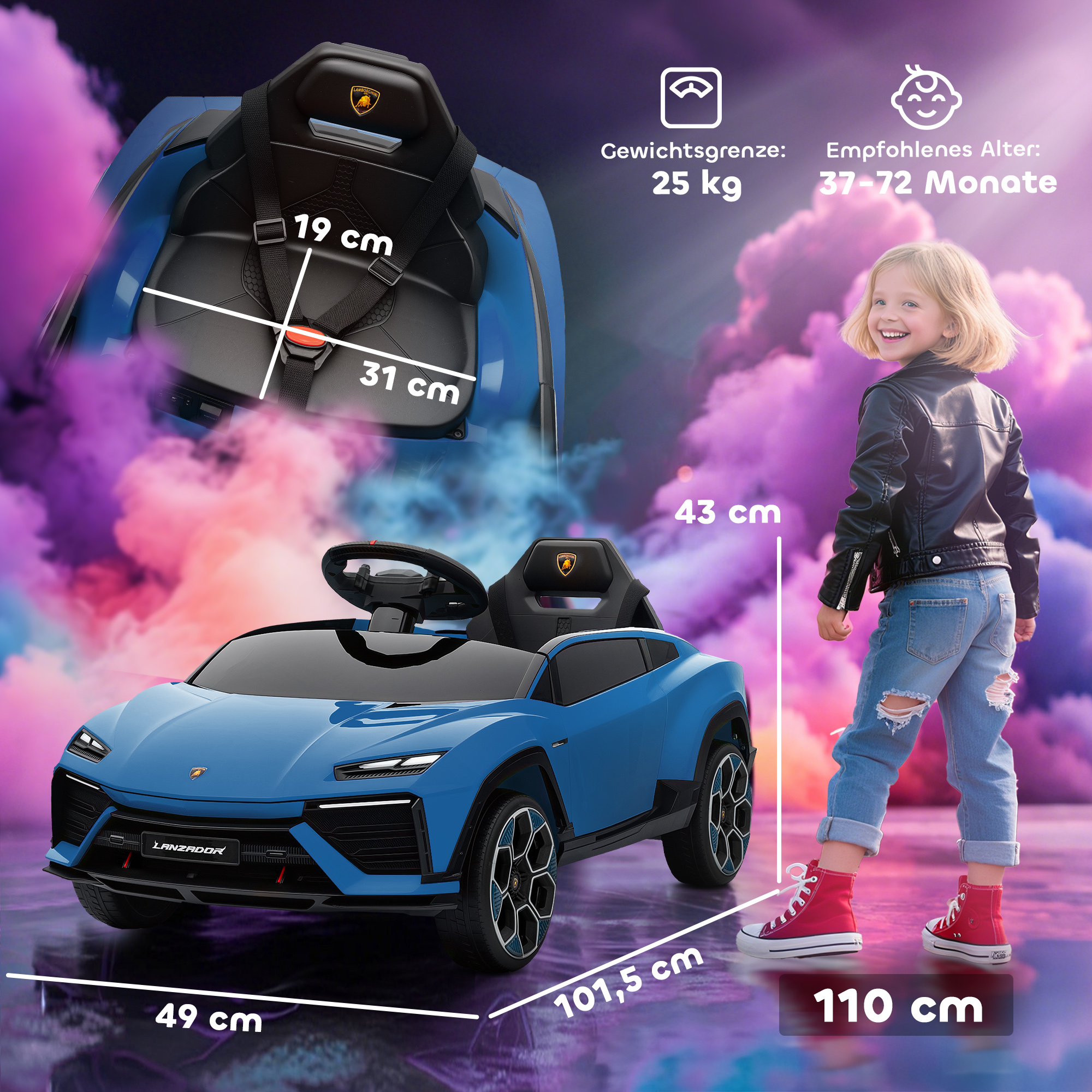 Kinder Elektroauto 12V Kinderauto mit 2,4 GHz Fernbedienung, 2 Motor, Hupe, LED, Musik, 101,5 x 49 x 43 cm, Blau