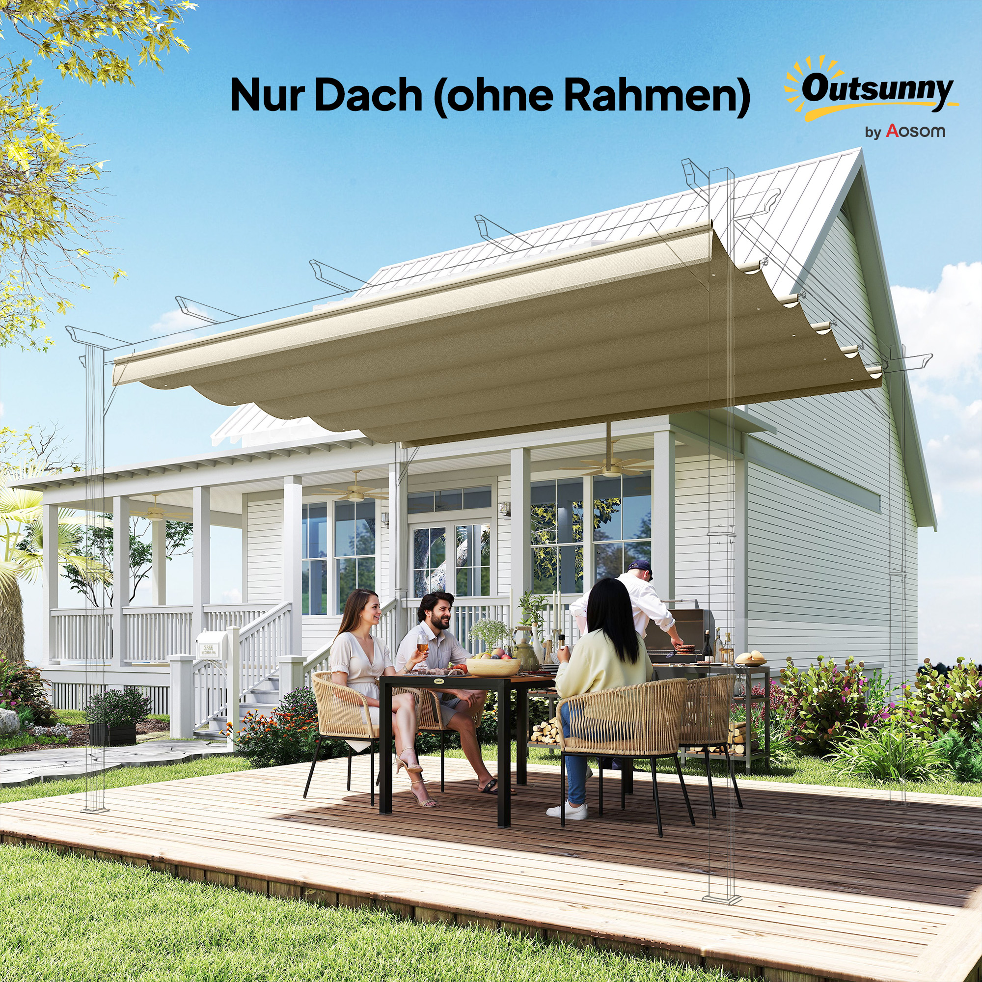Ersatzdach für 3 x 3 m Pergola, einziehbar, mit Regenabflusslöchern, wetterfest, Polyester, Beige