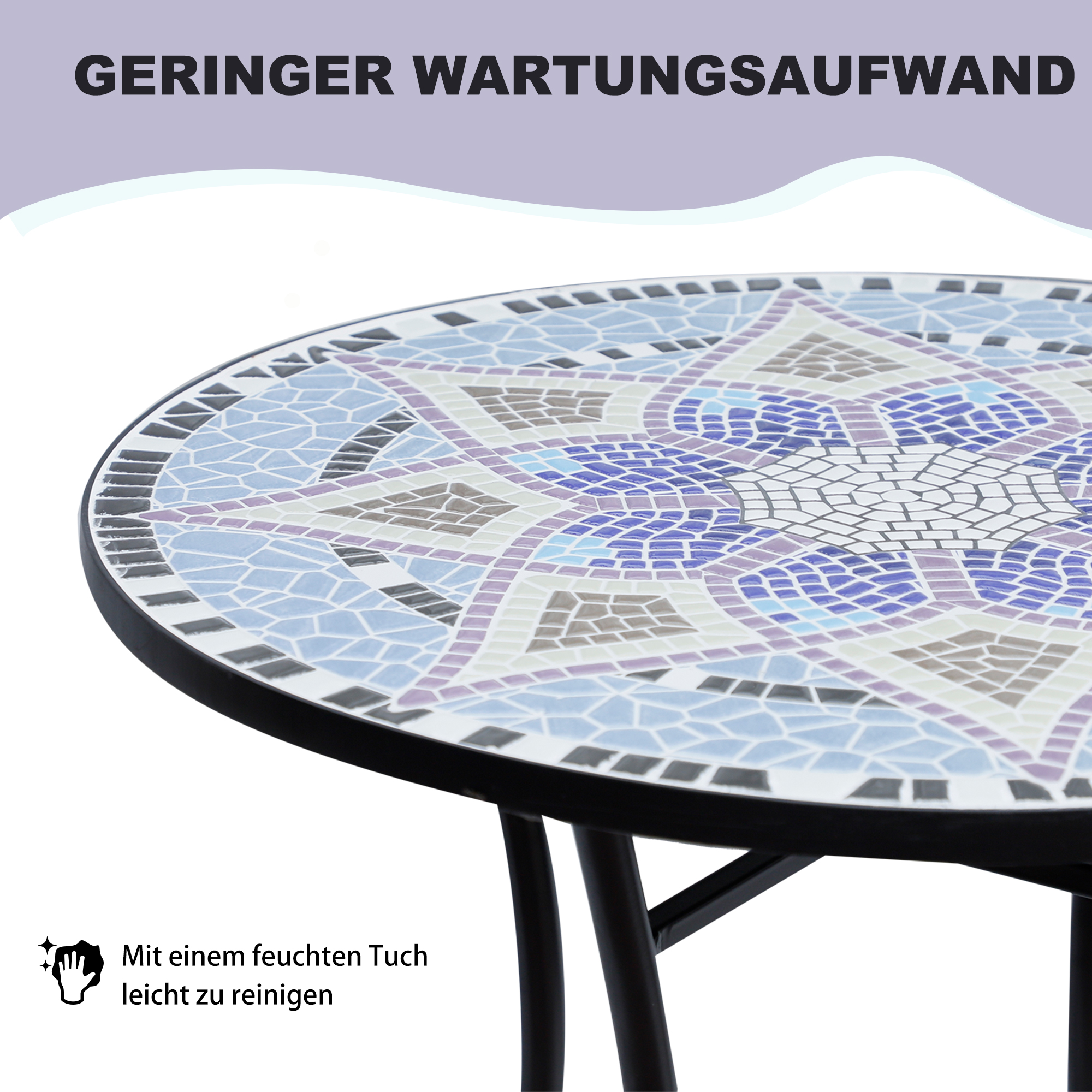 Gartentisch Ø60 x H71cm, Wetterfest Balkontisch aus Metall, Esstisch Outdoor, Campingtisch Beistelltisch, rund Terrassentisch für Garten Terrasse Balkon Blau+Weiß