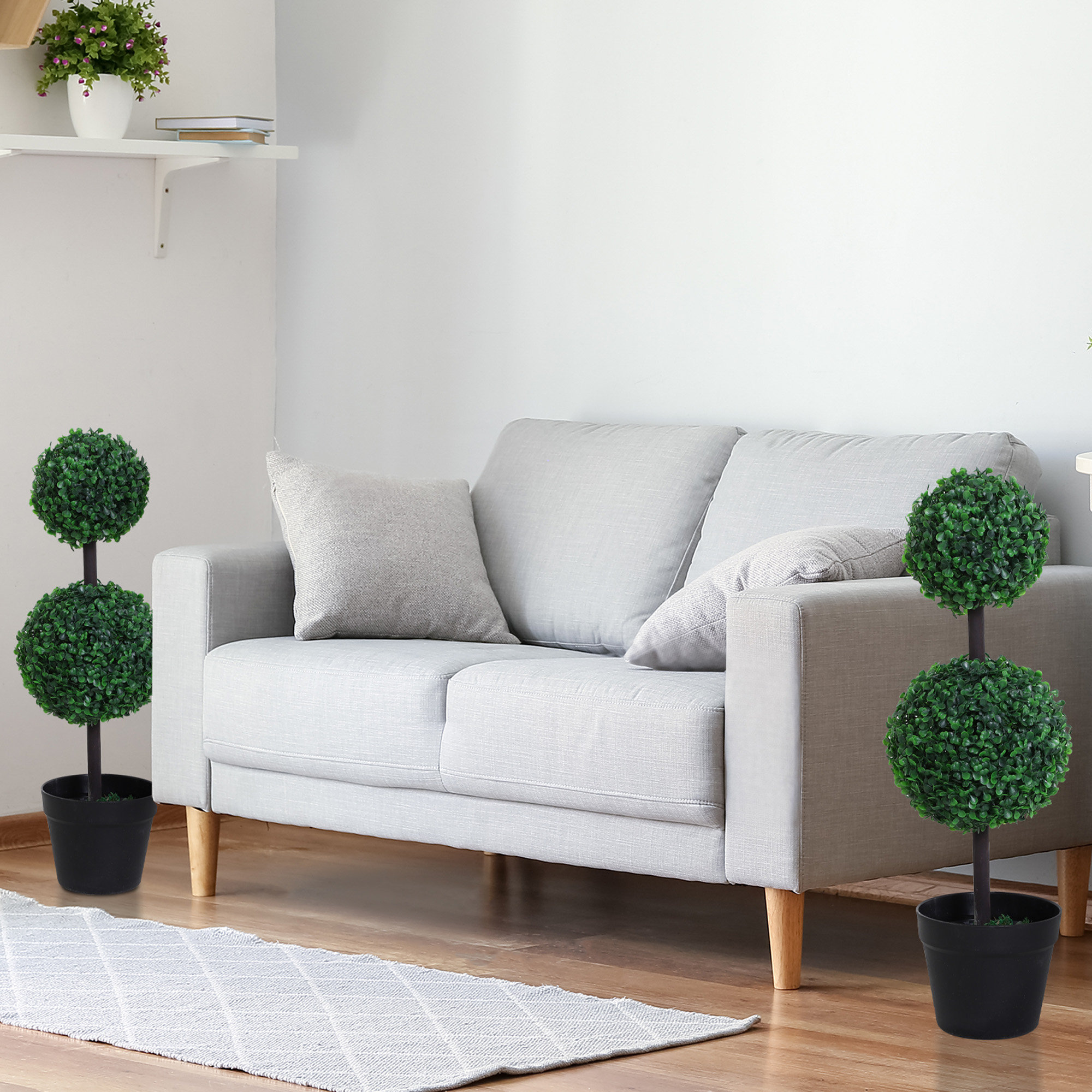 2er-Set Kunstpflanze, Künstliche Pflanzen im Kugeldesign, Kunstbaum im Zementtopf, Kunststoff-Pflanze, Grün+Schwarz
