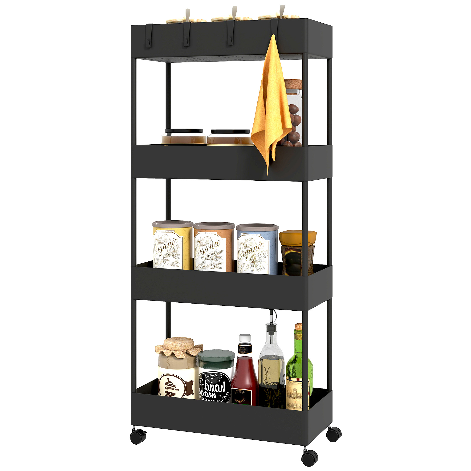 Küchenwagen mit 4 Regalen, 4 flexiblen Haken, 4 Rollen, 40 cm x 19 cm x 90 cm, Nischenwagen, Schwarz