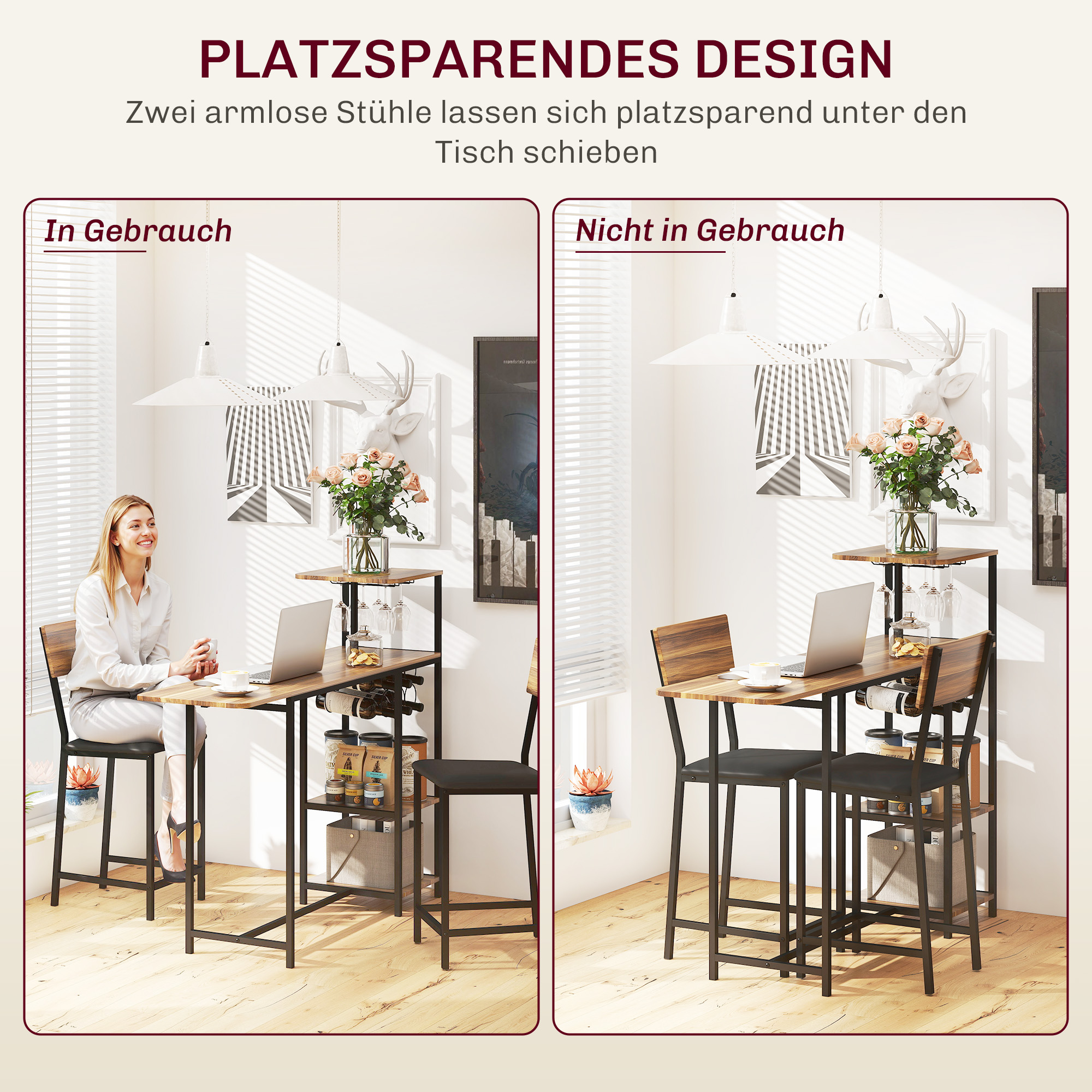 3-teiliges Bartisch-Set, 1 Bartisch, 2 Stühle, mit Weinregal, Glashalter, Offene Regale, Fußstützen, Braun