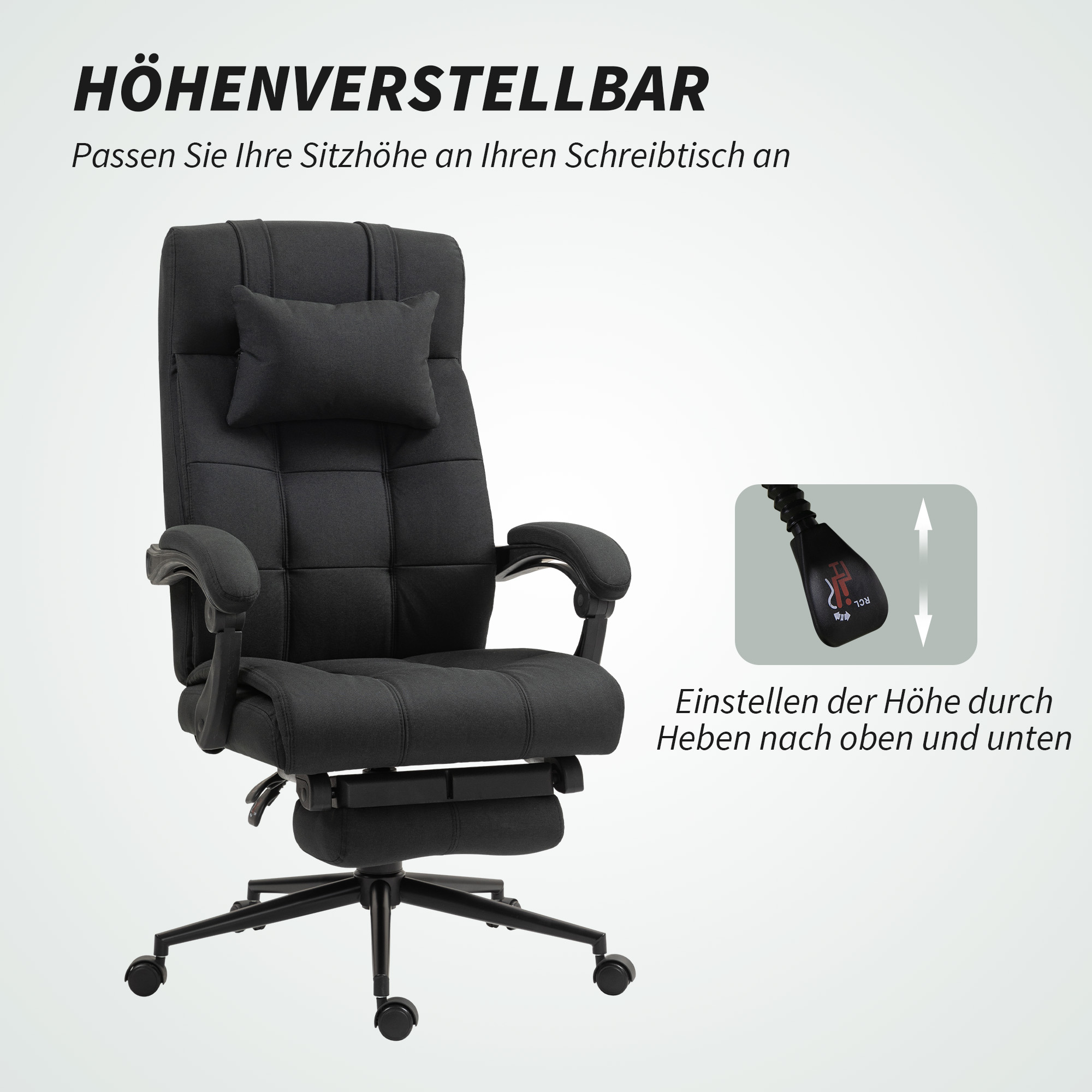 Bürostuhl mit Fußstütze, Schreibtischstuhl, Drehstuhl mit Kopfstütze, Schwarz