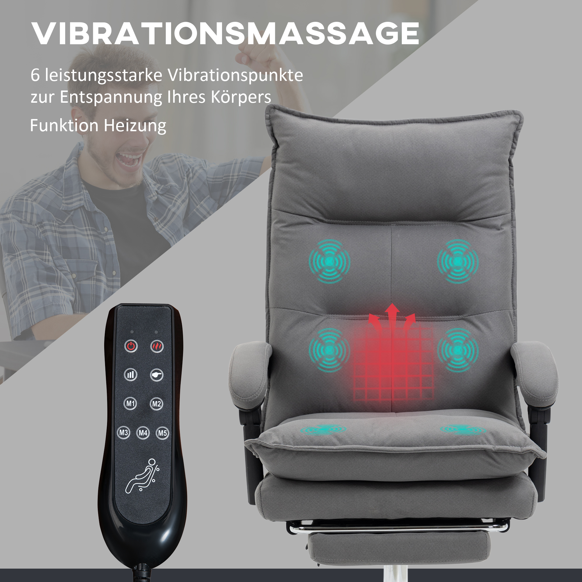 Bürostuhl mit Massagefunktion, Heizfunktion, Fernbedienung, ausfahrbare Fußstütze, neigbar, grau