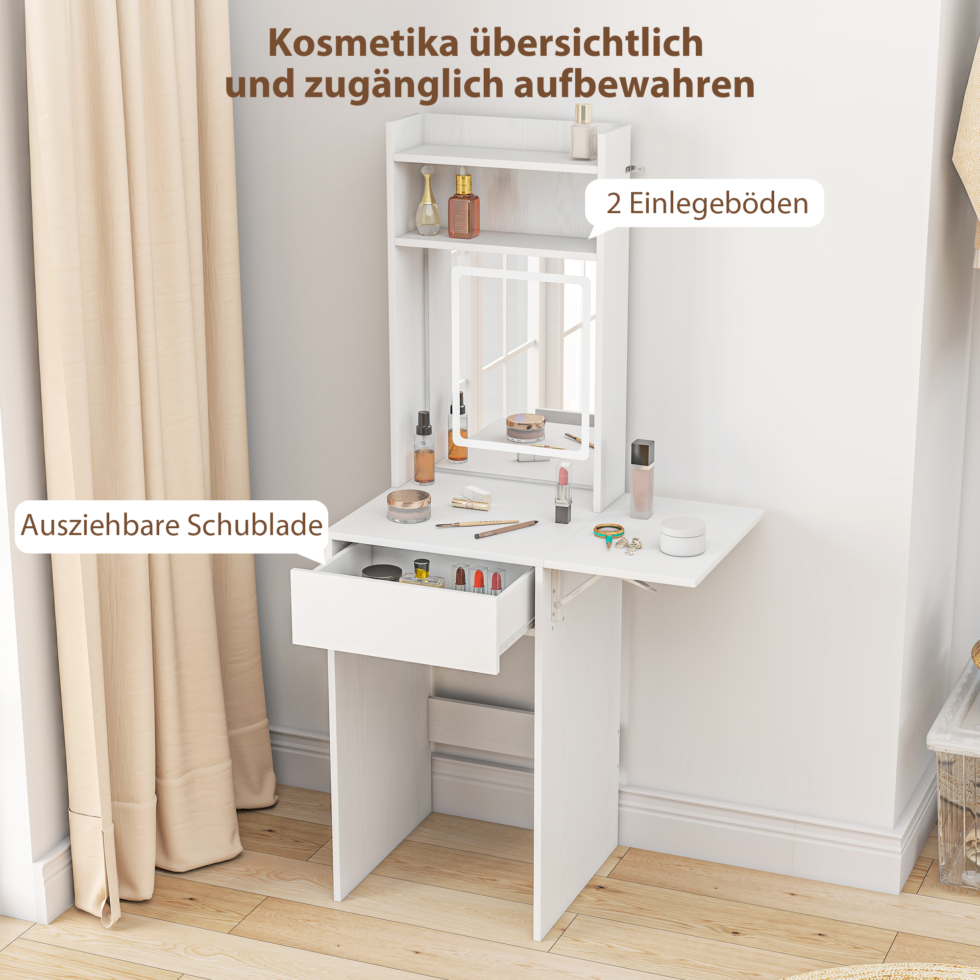 Kompakter Schminktisch mit Spiegel und LED-Beleuchtung, klappbare Tischplatte, offenere Regale, Schublade, MDF, Weiß