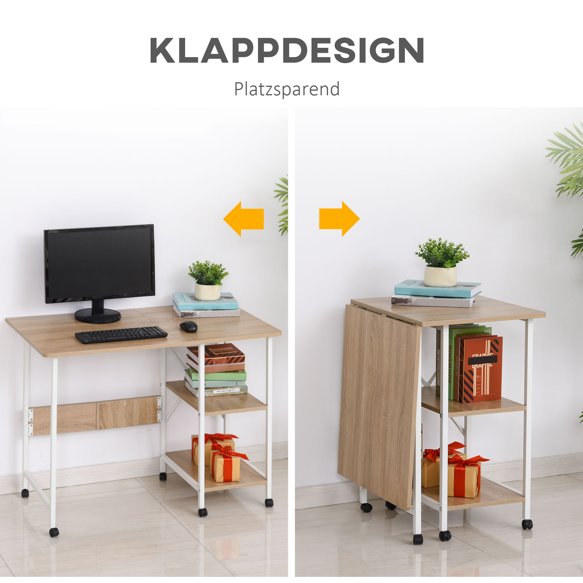 Klapptisch Schreibtisch Beistelltisch Bürotisch Mobiler Computertisch mit Rollen MDF Natur 107 x 55 x 76 cm