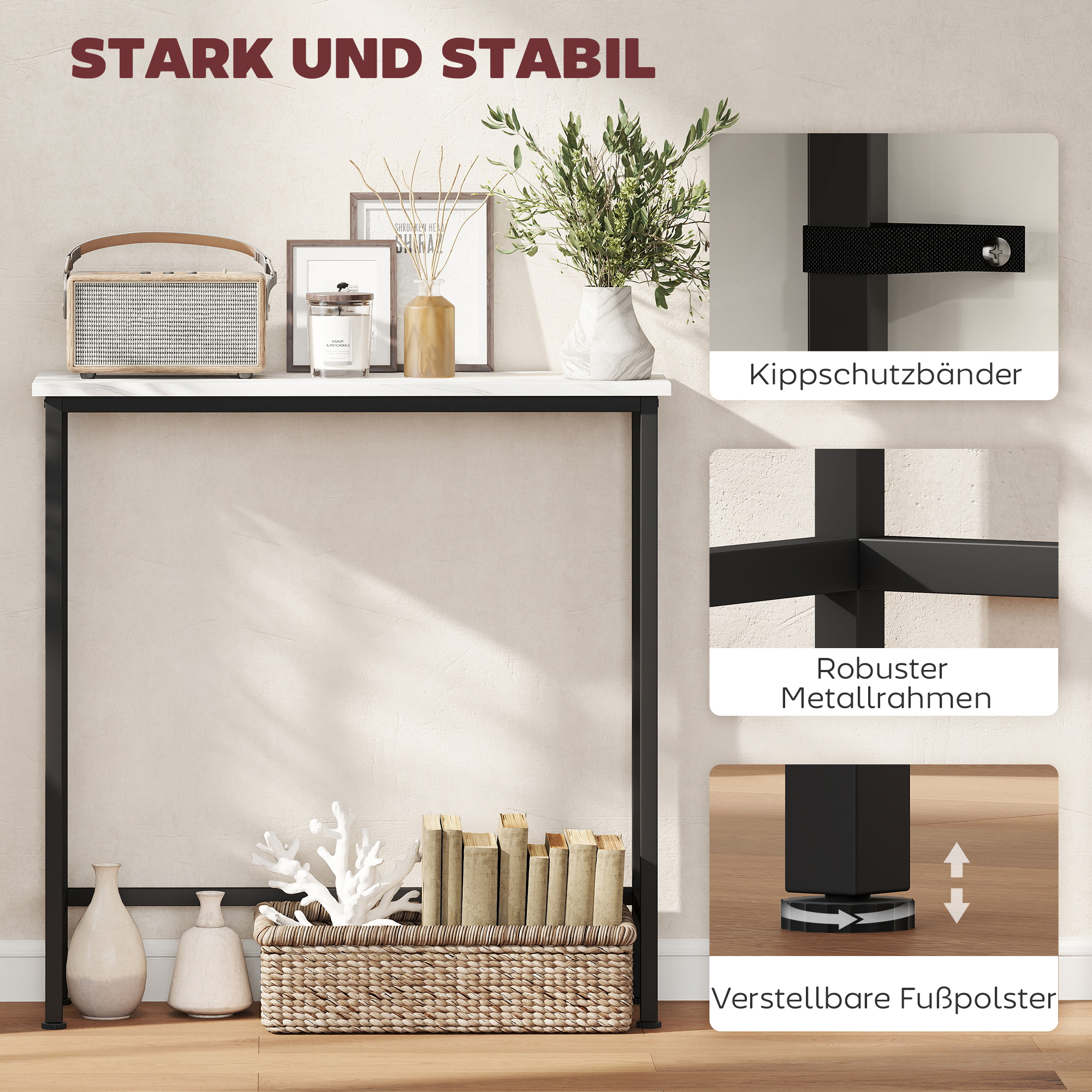 Konsolentisch Flurtisch mit verstellbar Fußpads, Kippschutz 75 x 24 x 76 cm für Kleinen Raum Schwarz
