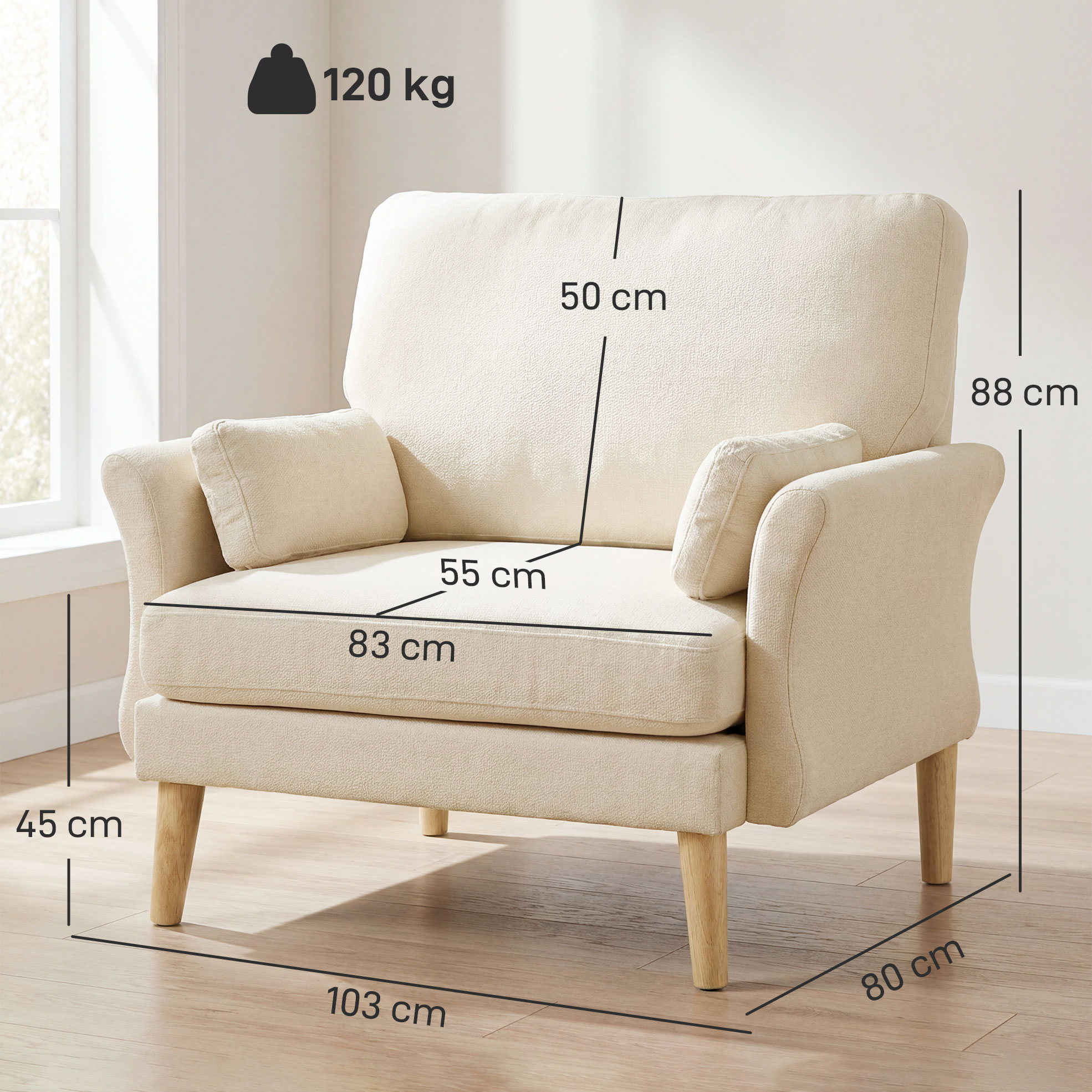 samtgepolsterter Sessel, Übergroßer Akzentstuhl mit Holzbeinen, Lesesessel für Wohn- und Schlafzimmer, Cremeweiß