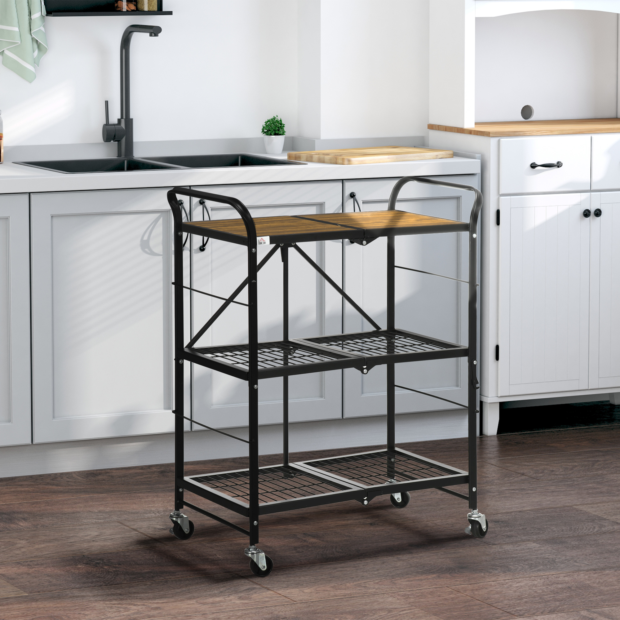 Küchenwagen im Industriedesign, mit 3 Regalen, Mehrzweckwagen, Servierwagen, 4 Räder, klappbar, Braun + Schwarz