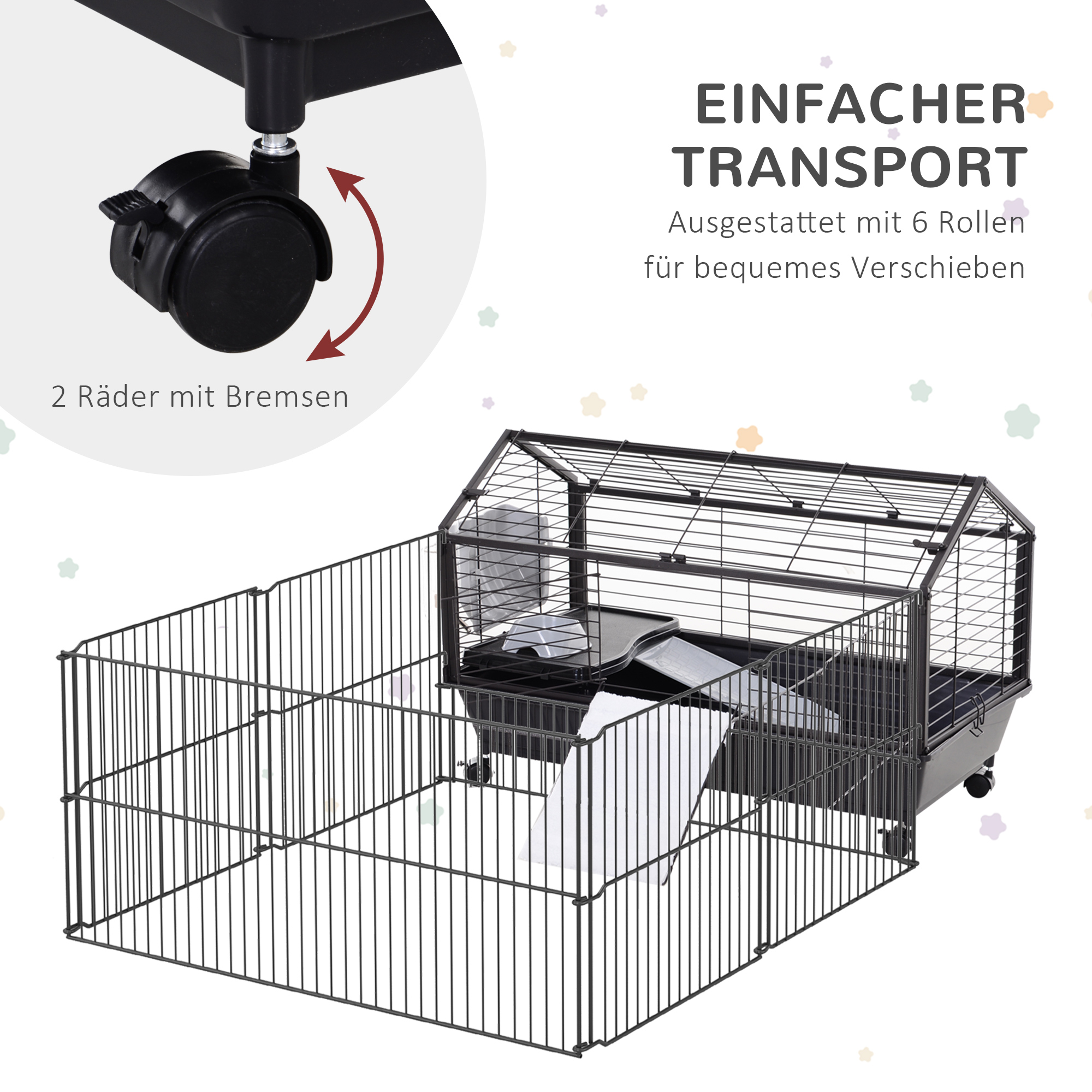 Kleintierkäfig mit Freigehege inkl, Zubehör 88 cm x 128,5 cm x 56 cm  4 Rollen Schwarz Metall Polypropylen