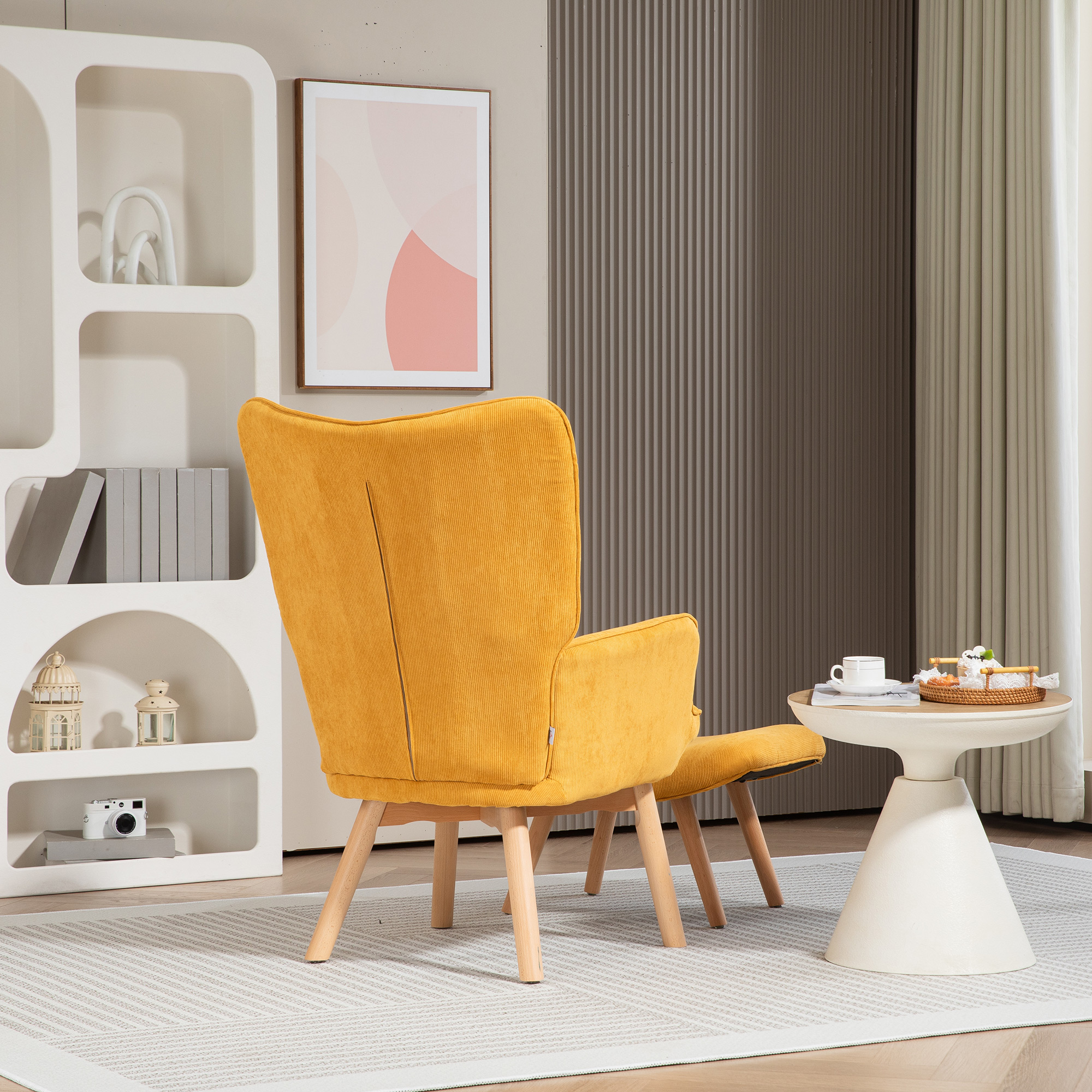 Akzentsessel mit Hocker, Relaxsessel in Cord-Optik, Armlehnstuhl mit Holzbeinen, für Wohnzimmer, Orange