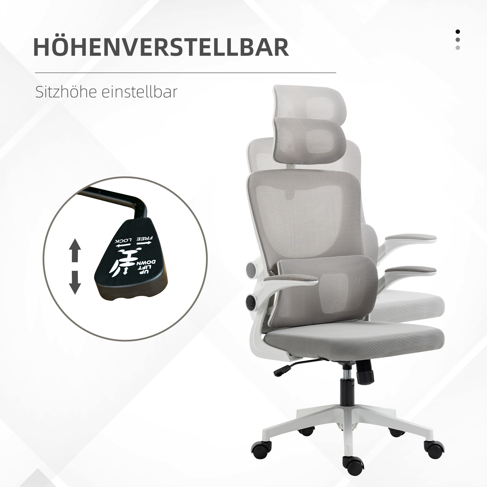 Bürostuhl, höhenverstellbar, verstellbare Kopfstütze, bis 120 kg, 60x59x114-122 cm, Grau