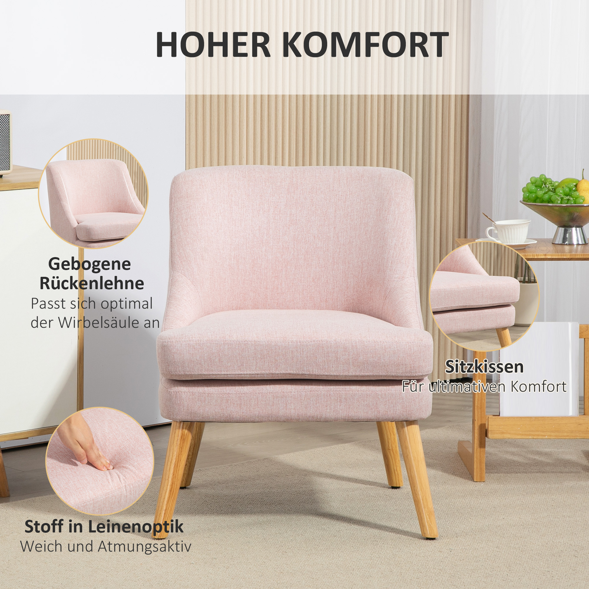 Akzentsessel im skandinavischen Stil, Samt, 25D-Schaumstoff, Hevea-Holzbeine, Beige, 63x69x79,5 cm