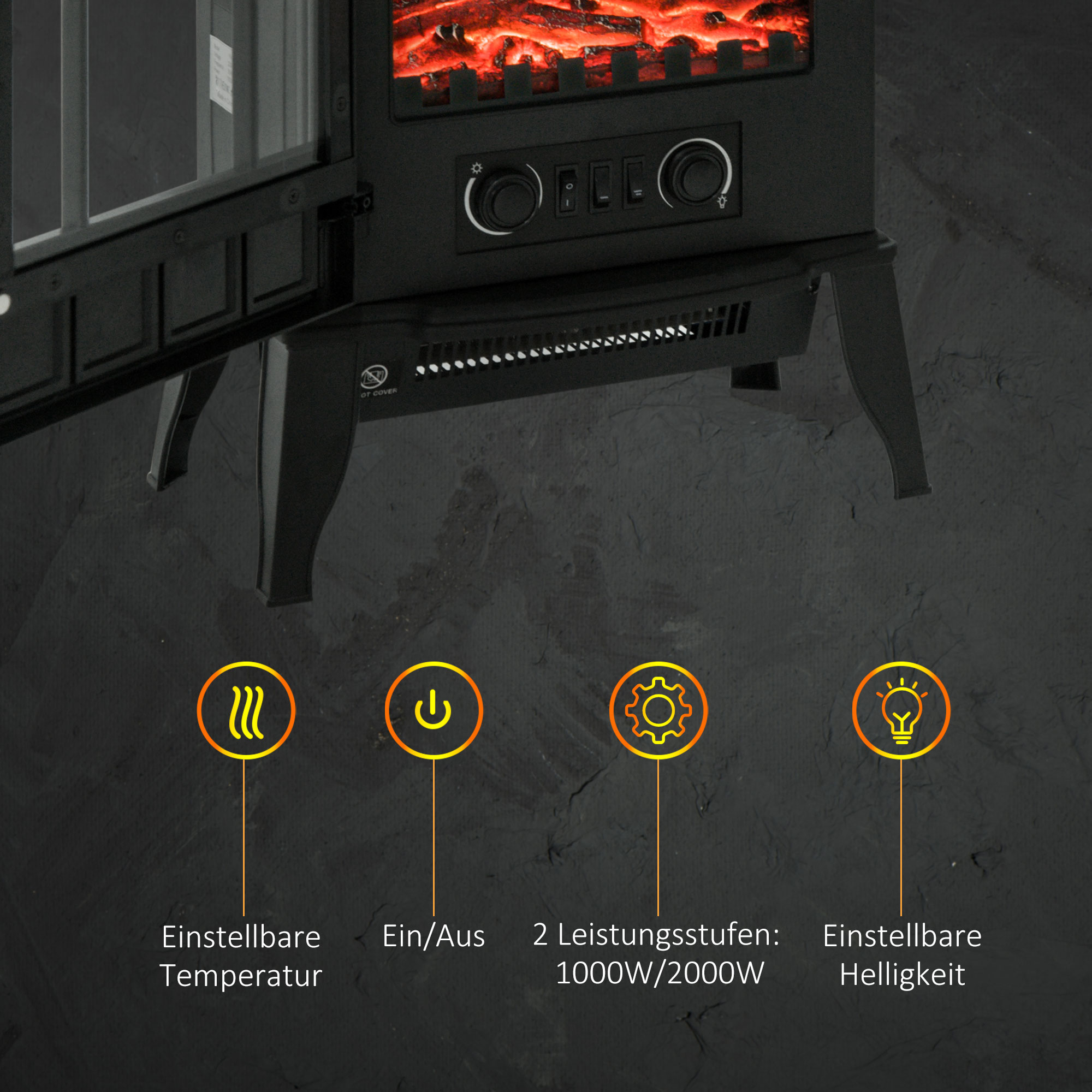 Elektrokamin, LED-Flammen, 1000/2000 W, regelbare Temperatur & Helligkeit, Metall, 39 x 23 x 56,5 cm