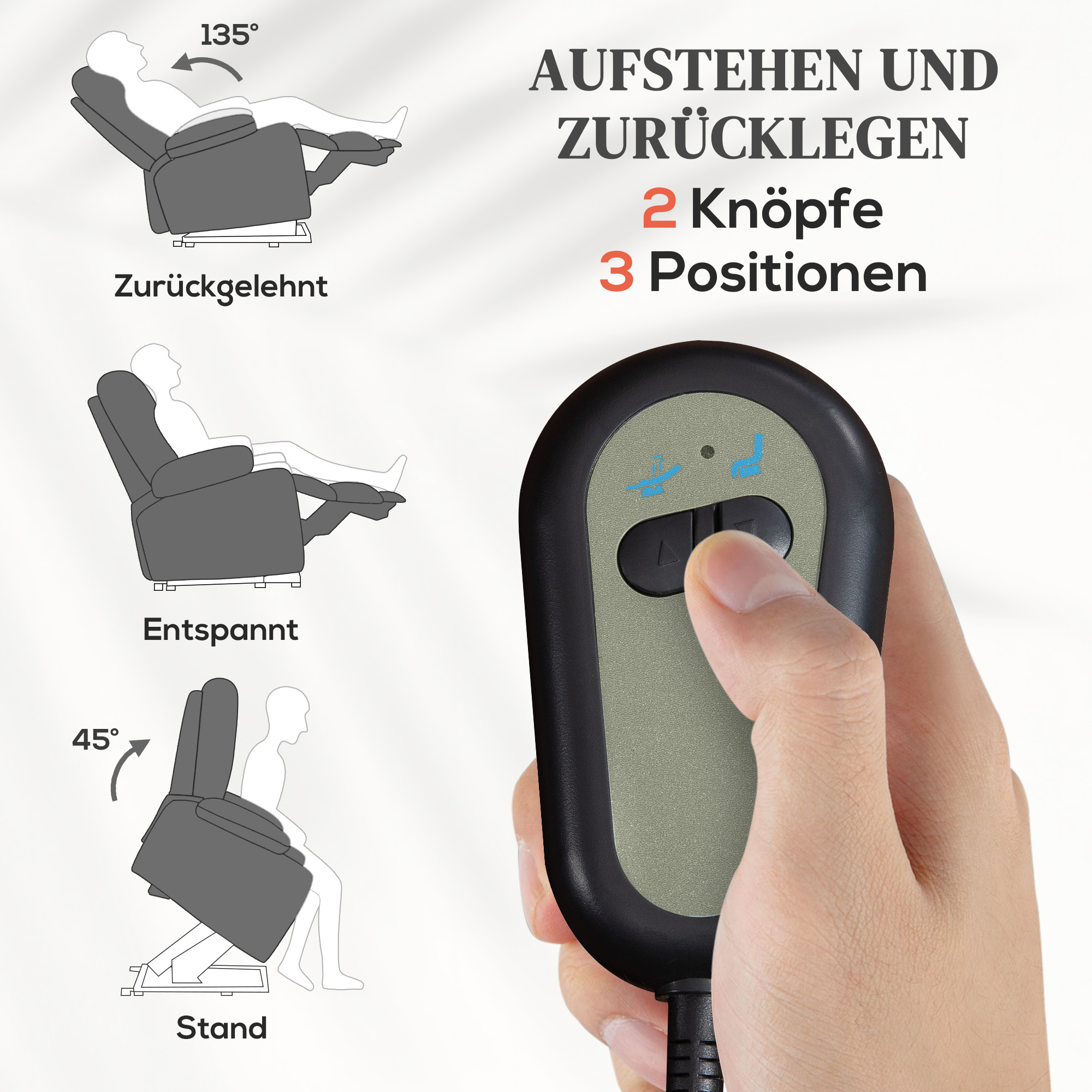Power Lift Aufsteh-Sessel mit Massage- und Wärmefunktion, USB-Anschlüssen, Becherhaltern, Dunkelgrau