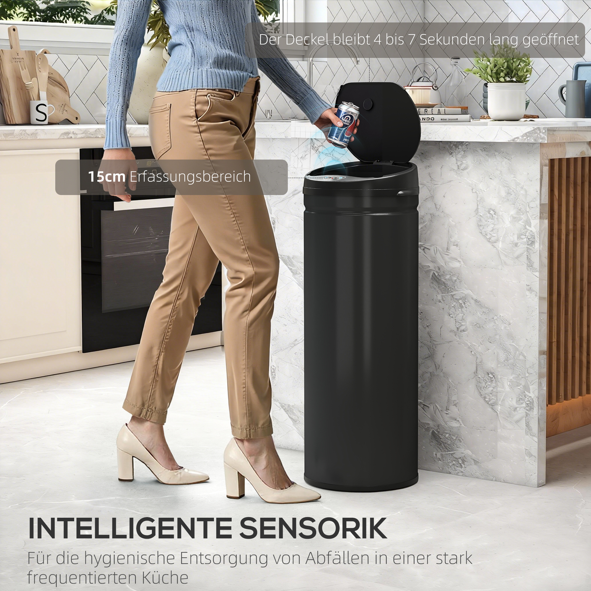 50 Liter Sensor-Mülleimer mit Soft-Close-Funktion, berührungsfreier Abfalleimer aus Edelstahl für hygienische Küchen