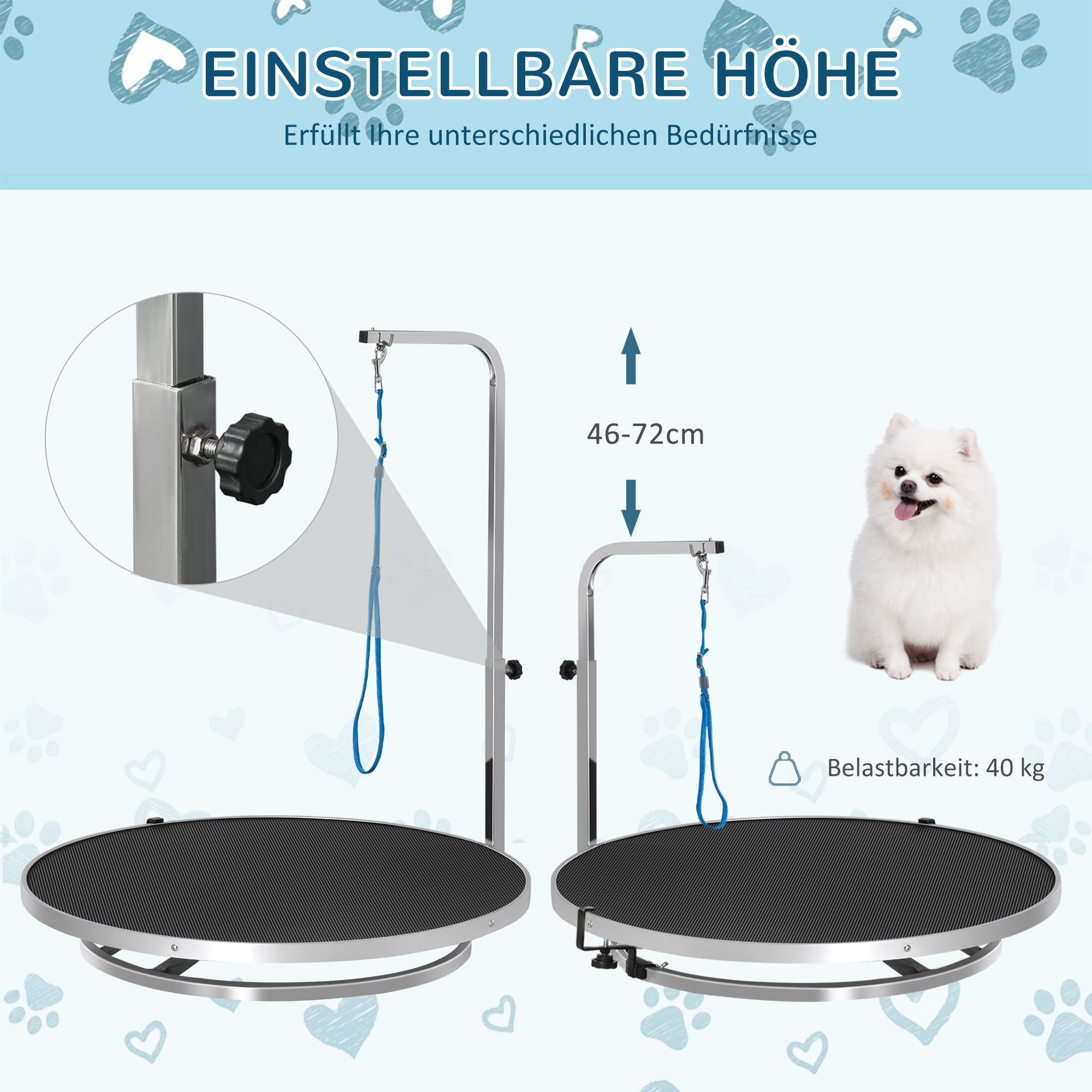 Hund Trimmtisch Tierpflegetisch drehbar trocknen Tabelle mit verstellbaren Arm rutschfeste Tischplatte Verriegelungssystem Aluminium-Legierung Rand Edelstahl Rahmen Sicherheit Leine Ø65x H10